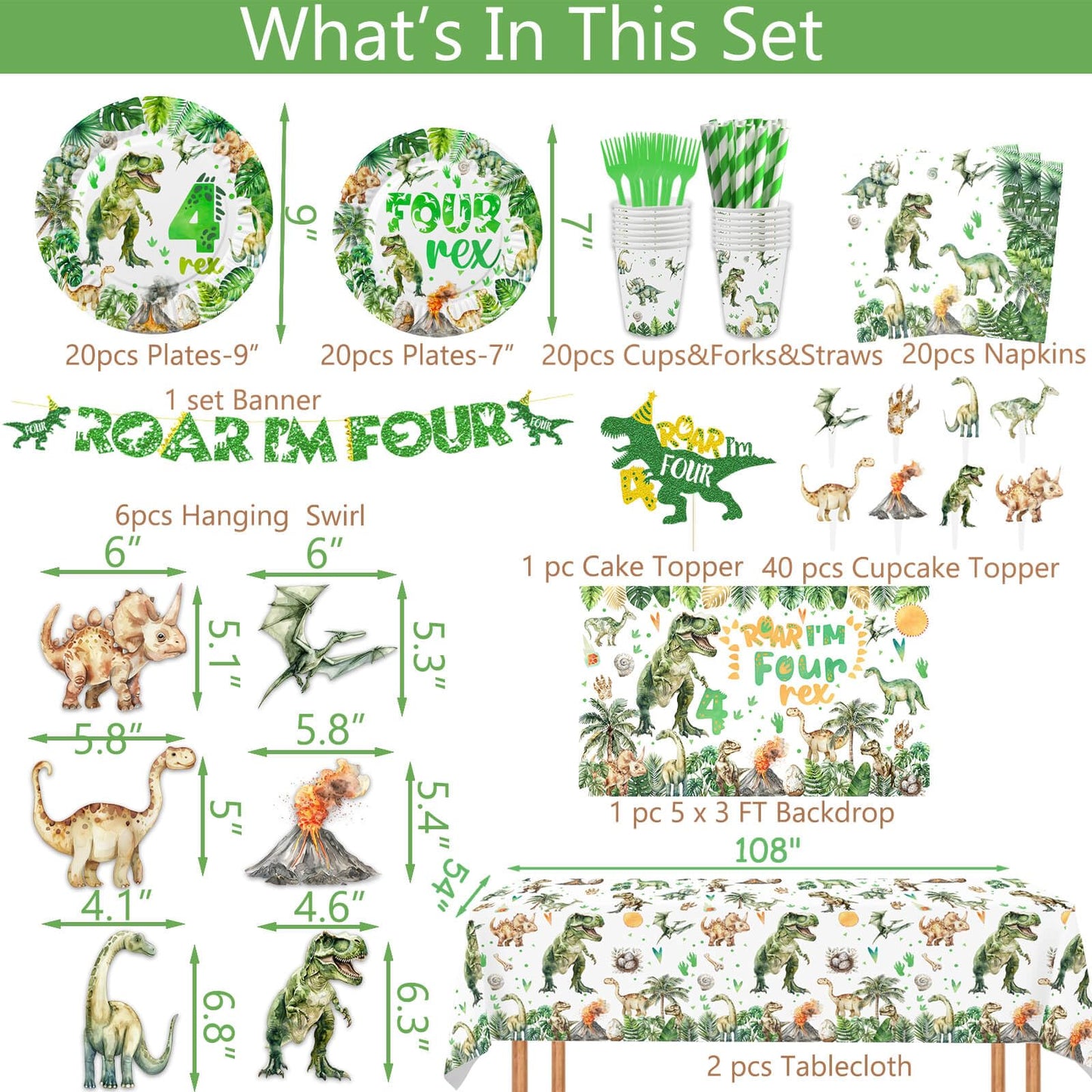318 Pcs Dinosaur 4th Birthday Decorations for Boy, Dino Roar I'm Four Party Supplies, 20 Serves Include Plates, Cups, Napkins, Backdrop, Tablecloth