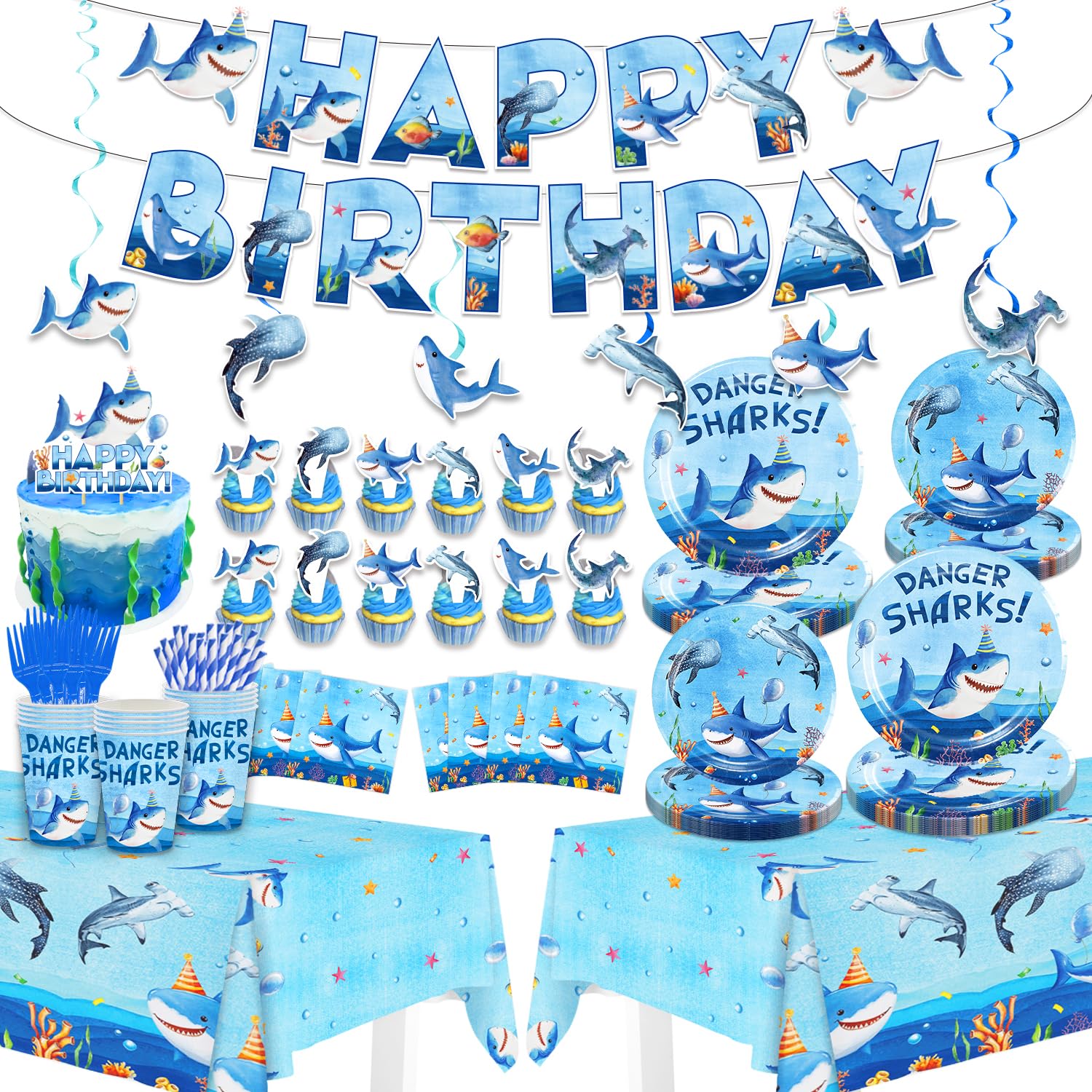Diosnase Shark Birthday Party Decorations, Shark Party Supplies for 20 Guests with Banner, Hanging Swirls, Tablecloths, Plates, Napkins, Cups, Forks