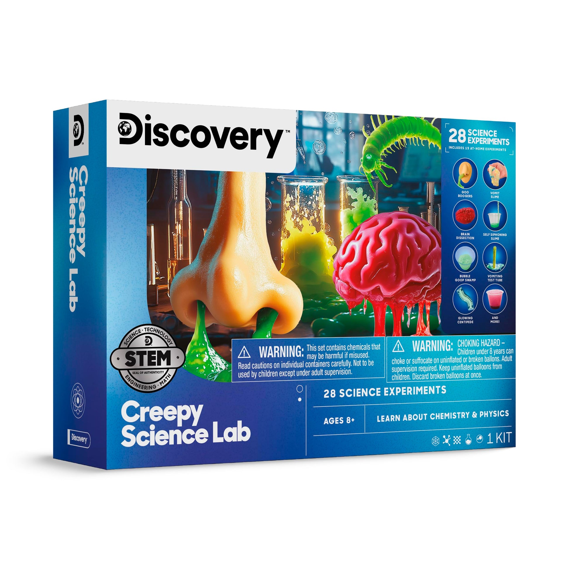 Discovery Creepy Science Lab - 28 Experiments Science Kit| Slime, Boogers, Brain Dissection| STEM Learning Toy| Glow in the Dark Chemistry Set| Kids