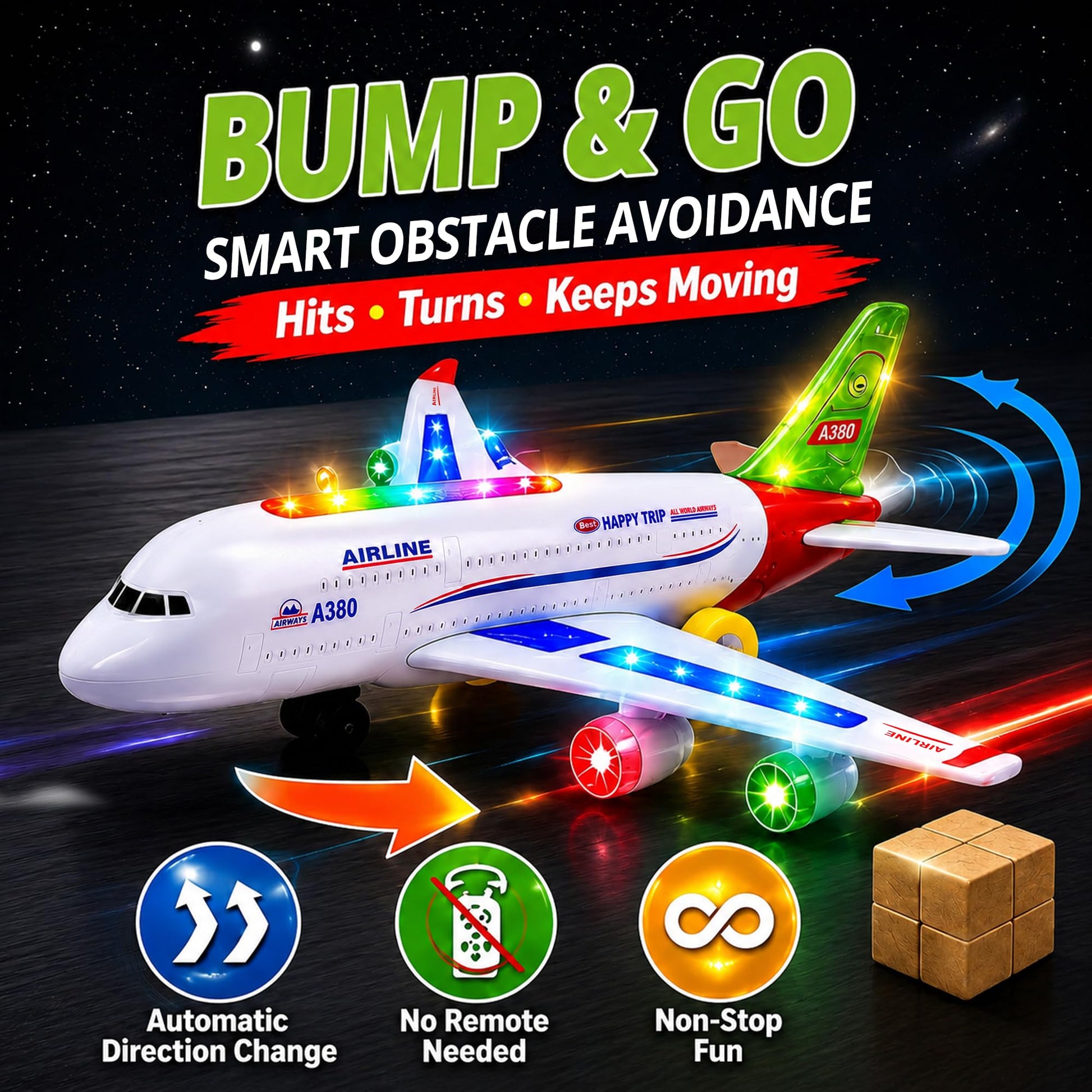 Toysery Airbus A380 Bump and Go Airplane Toy, Lights & Sounds, Ages 3-12