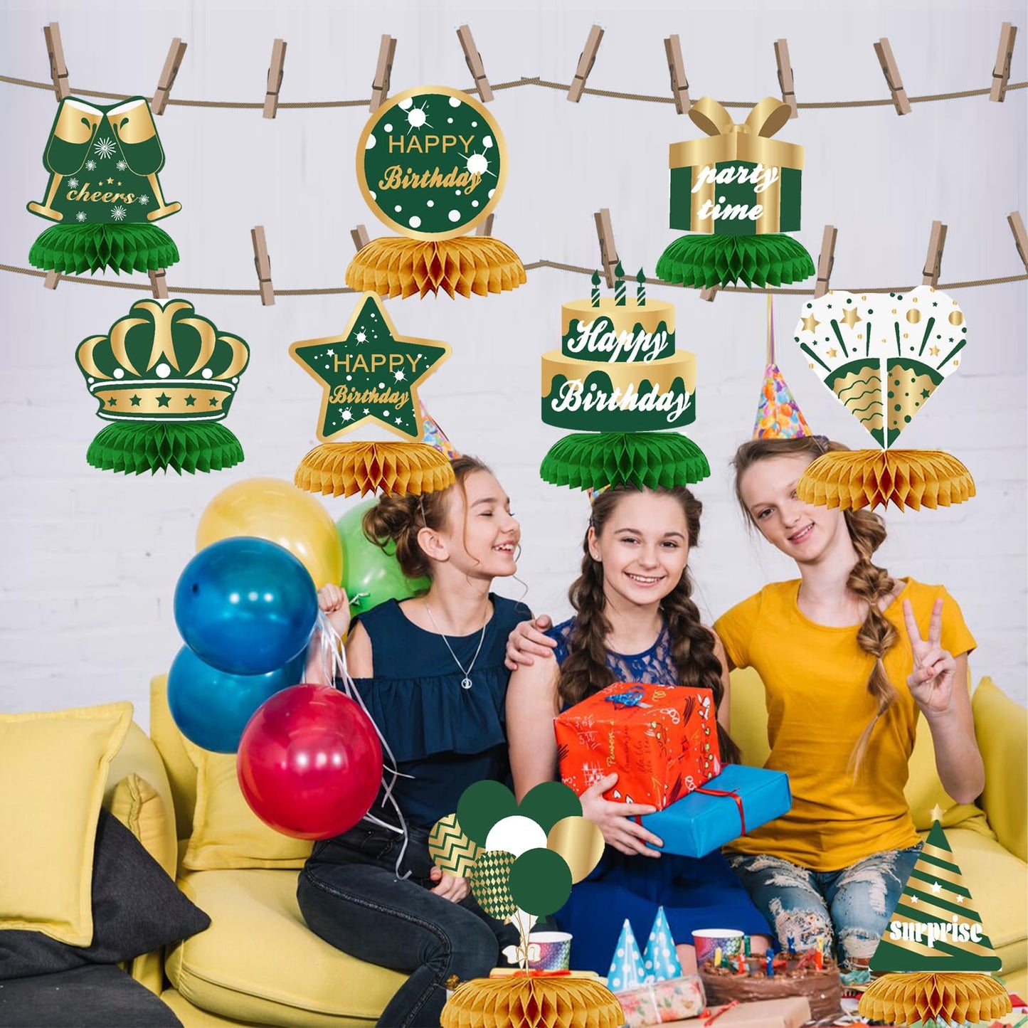 WINPOGEE 9PCS Green Gold Birthday Decorations Honeycomb Centerpieces for Women Men Green Gold Happy Birthday Table Centerpieces Party Supplies 16th