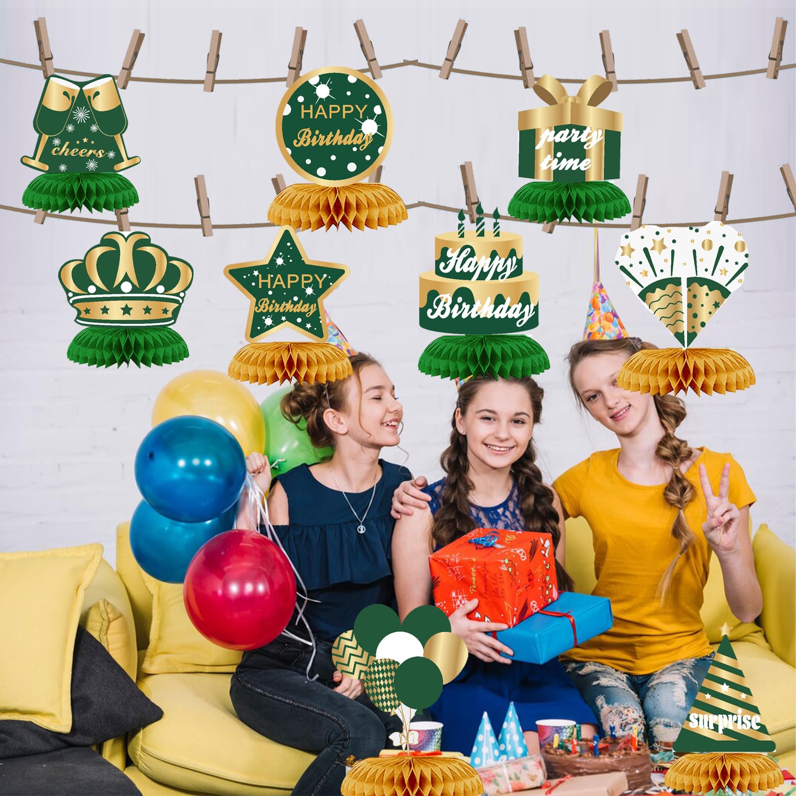 WINPOGEE 9PCS Green Gold Birthday Decorations Honeycomb Centerpieces for Women Men Green Gold Happy Birthday Table Centerpieces Party Supplies 16th