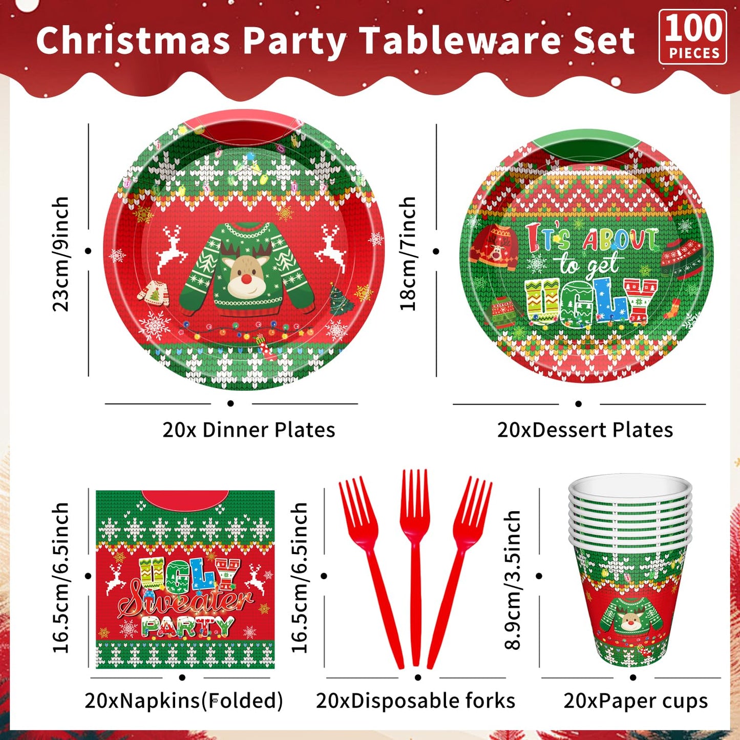 Christmas Plates and Napkins Set, Holiday Paper Plate and Napkin Sets, Ugly Sweater Paper Plates Napkins Cups Forks for Christmas Holiday Ugly Sweater