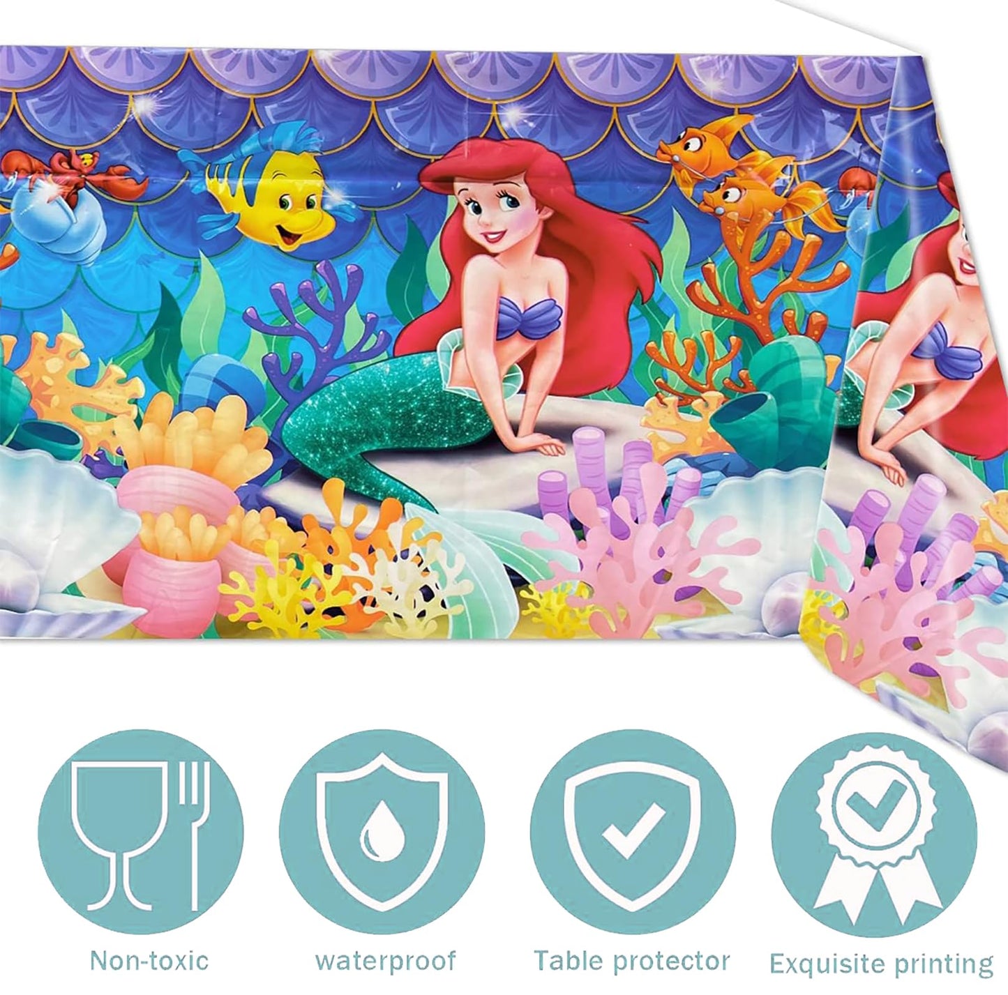 Little Mermaid Tablecloth, 2pcs Rectangular Plastic Table Cover, 70'' x 42'', Waterproof Birthday Party Supplies Decorations (2 Pack Blue Pink) 1