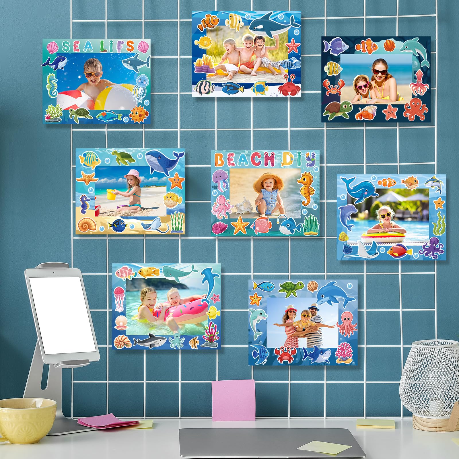 BLSUREFYX 64 Sets Under The Sea Picture Frame Craft 6.3 x 4.7 Inch Summer Ocean Photo Frame Crafts with Sea Animals Stickers for Kids School Classroom