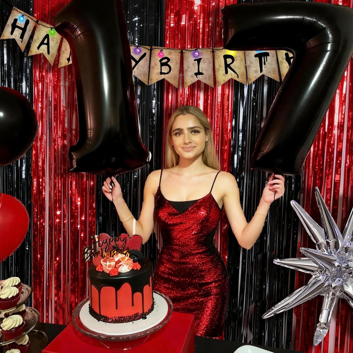 Black Red Party Streamers Backdrop, 2 Pack Black Red Fringe Curtains Tinsel Photo Streamers for Stranger/Friday Party/Halloween Party Decorations