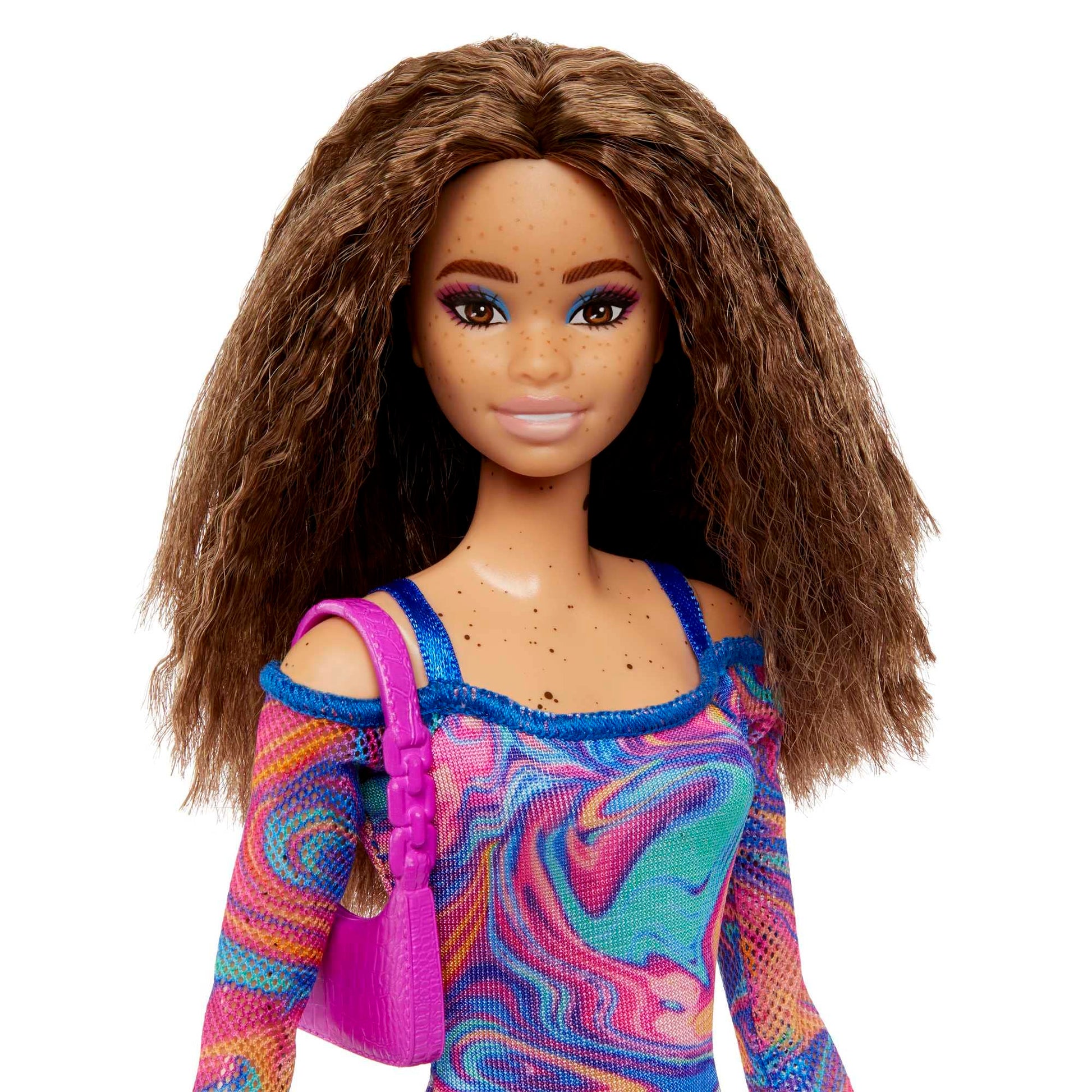 Barbie Fashionistas Doll #206 with Crimped Hair & Freckles Wearing Removable Rainbow Marble-Print Dress, Green Mules & Purse