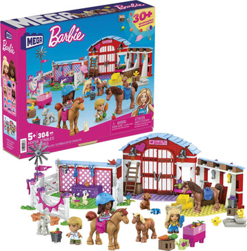 MEGA Barbie Pets Horse Toy Building Set with 3 Micro-Dolls and Accessories, 9 Pets, Easy-to-Build Horse Stables Playset,