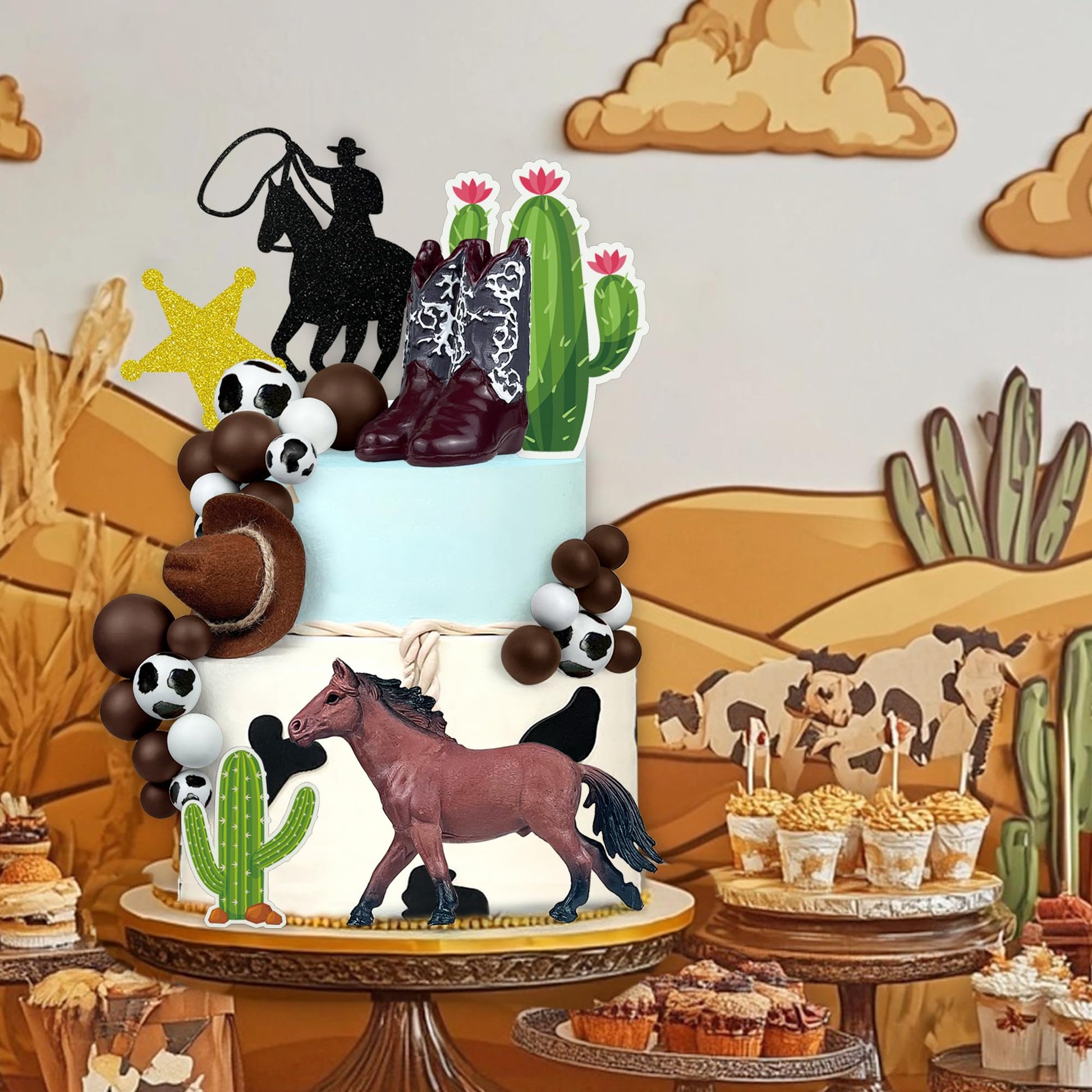 34 PCS Cowboy Cake Toppers Cowboy Hat and Boot Horse Cake decorations Western Cowboy Cowgirl Birthday Baby Shower for Western Theme Party Favors