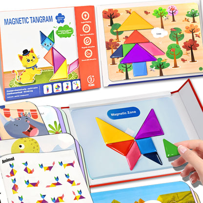 Flamax Magnetic Tangram for Kids Ages 4-8 with 30 Theme Pages & 368 Solutions Patterns Booklet & Metal Board, Magnetic Tangrams Puzzle for Kid, Magnet