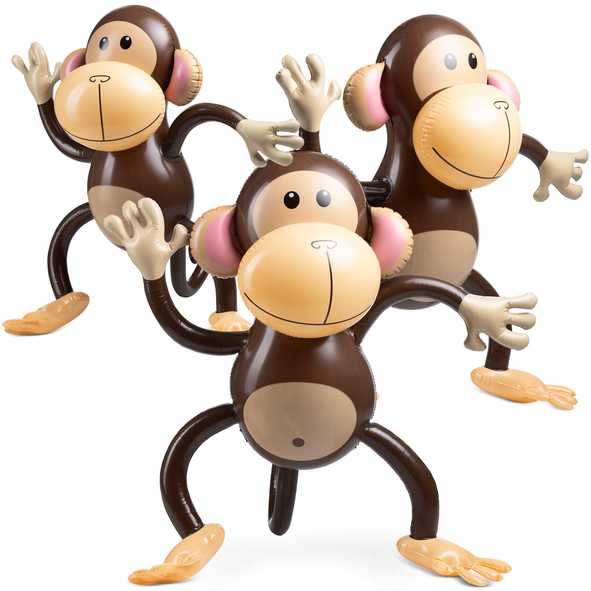 Large Inflatable Monkey (Pack of 3) 27-Inch Monkeys for Baby Shower, Safari, Jungle Themed Birthdays, Blow Up Animal Party Favors and Decorations