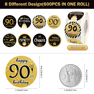 600 PCS 1.5 Inch Happy 90th Birthday Roll Stickers, 8 Different Design Black Gold Happy 90th Birthday Round Labels Birthday Party Favor Anniversary