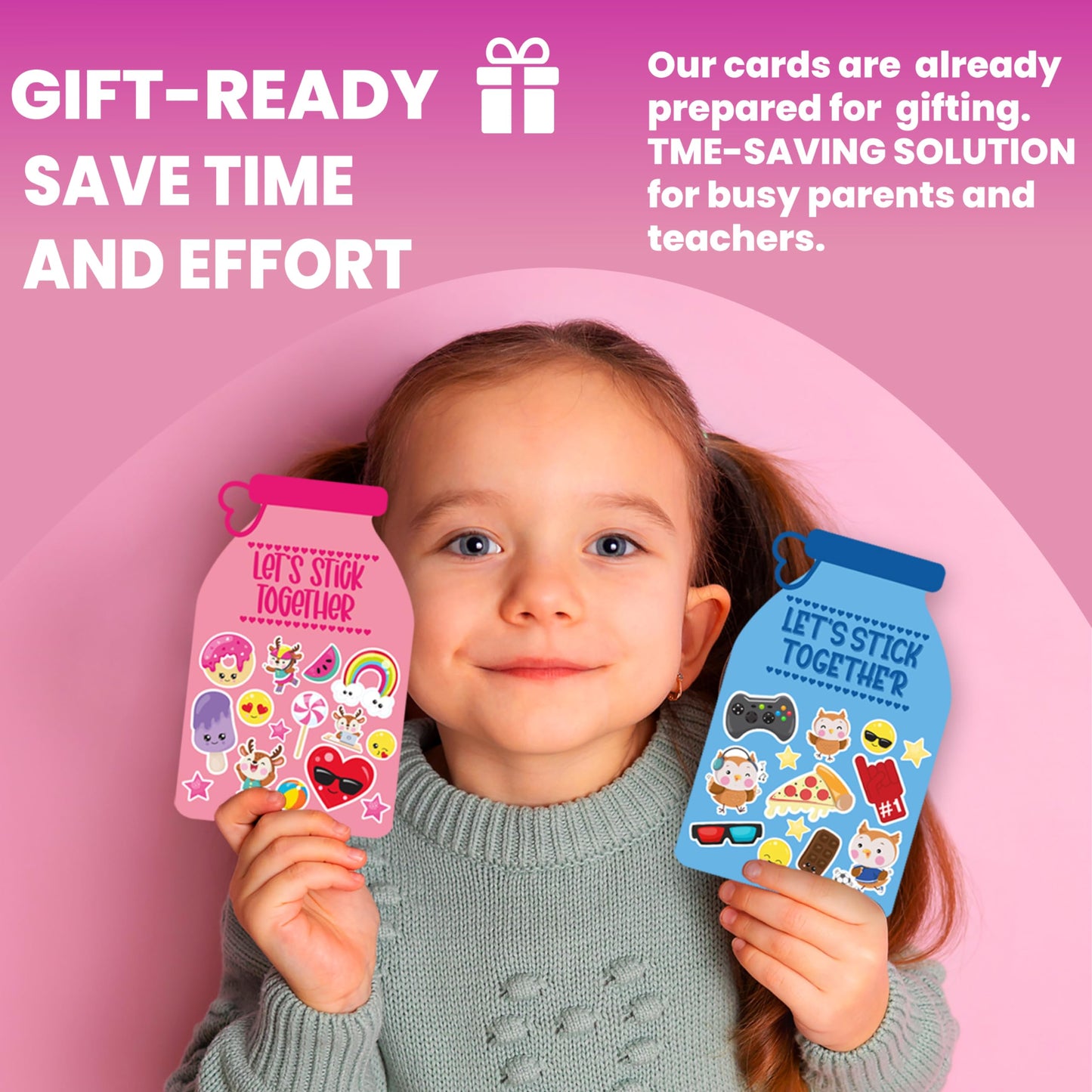 Valentine Cards with Stickers for Kids, Lets Stick Together Valentine Card, Classroom Valentines Exchange Cards, Valentine Day Cards for Toddlers