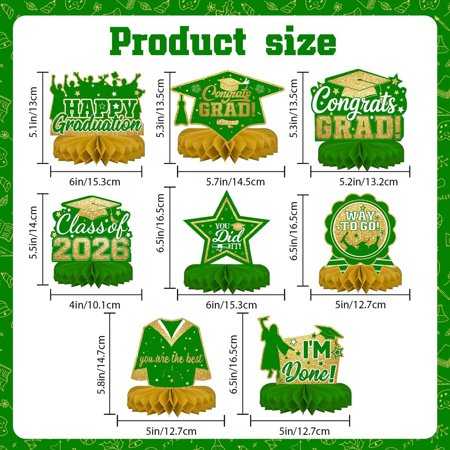 Green and Gold 8 Pieces Graduation Table Decorations, Class of 2026 Congrats Grad Honeycomb Centerpieces, GRAD Table Toppers Decor for Graduation