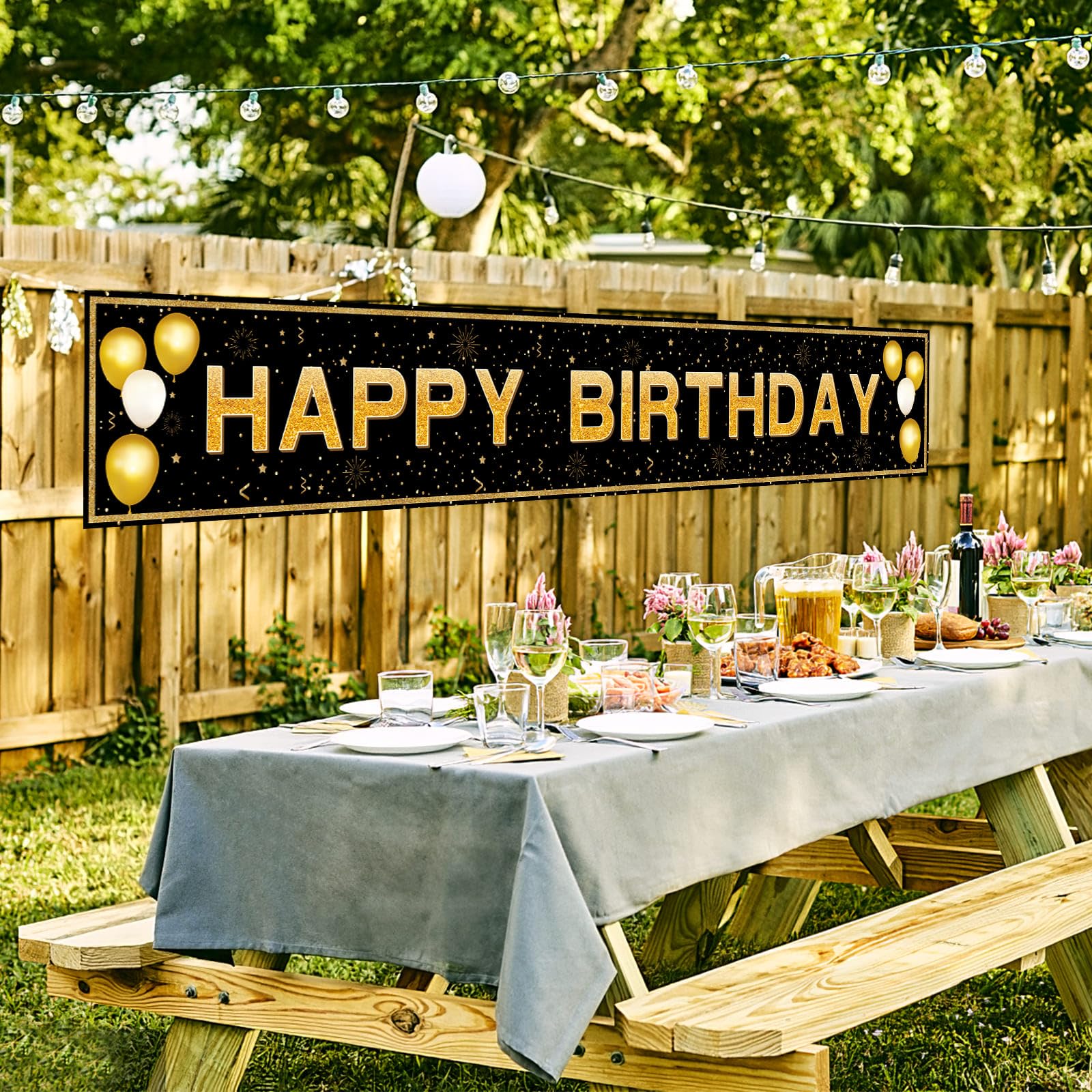 Happy Birthday Banner - 118"x20" Waterproof, Windproof & Tear-Resistant Polyester Sign for Men, Women, Boys & Girls, Black & Gold Indoor/Outdoor