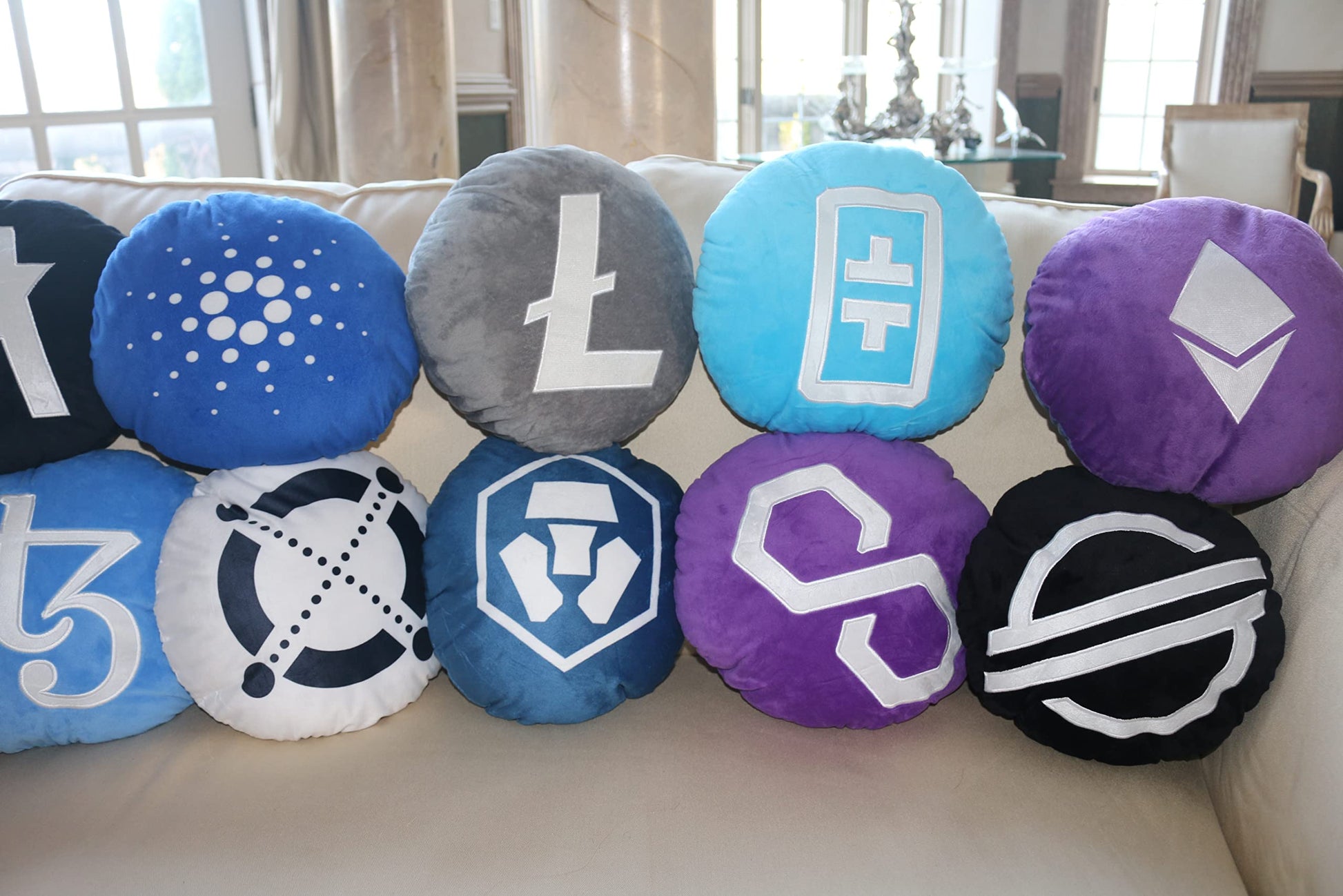 Stellar Lumens Pillow - Embroidered Round Stuffed Plush Crypto Pillow by BlockCraft.Shop XLM Plush Pillow