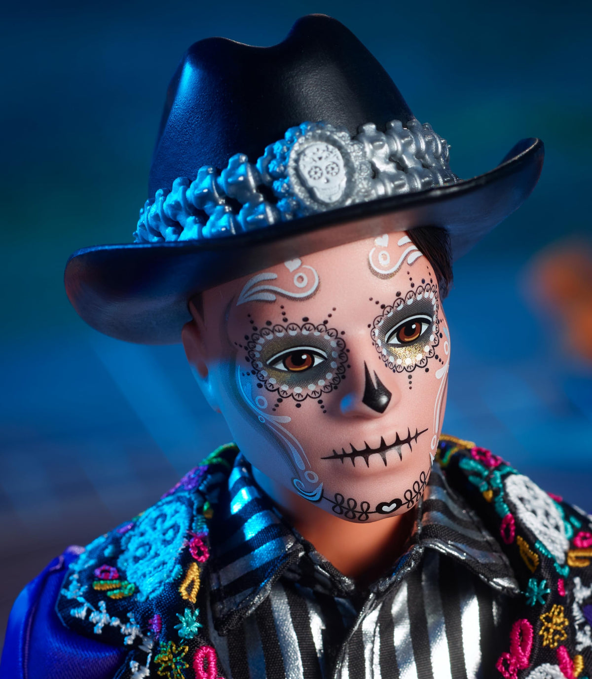 Barbie Signature Ken Fashion Doll, 2023 Dia de Muertos Collectible with Blue Jacket, Black Hat & Doll Stand