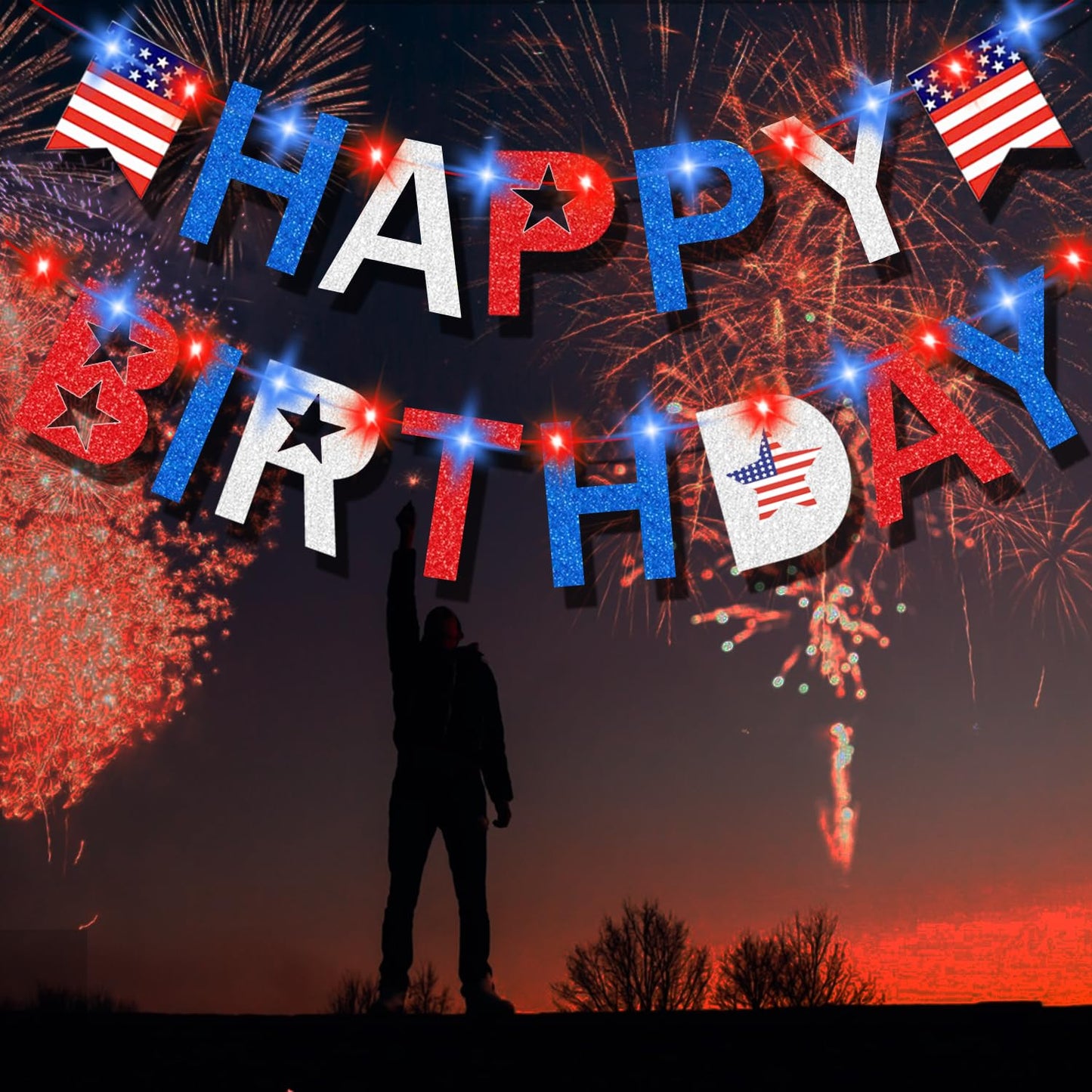 4th of July Birthday Banner with light, Happy Birthday Banner with Battery Operated Fairy String Light, 4th of July Independence Veterans Day Party