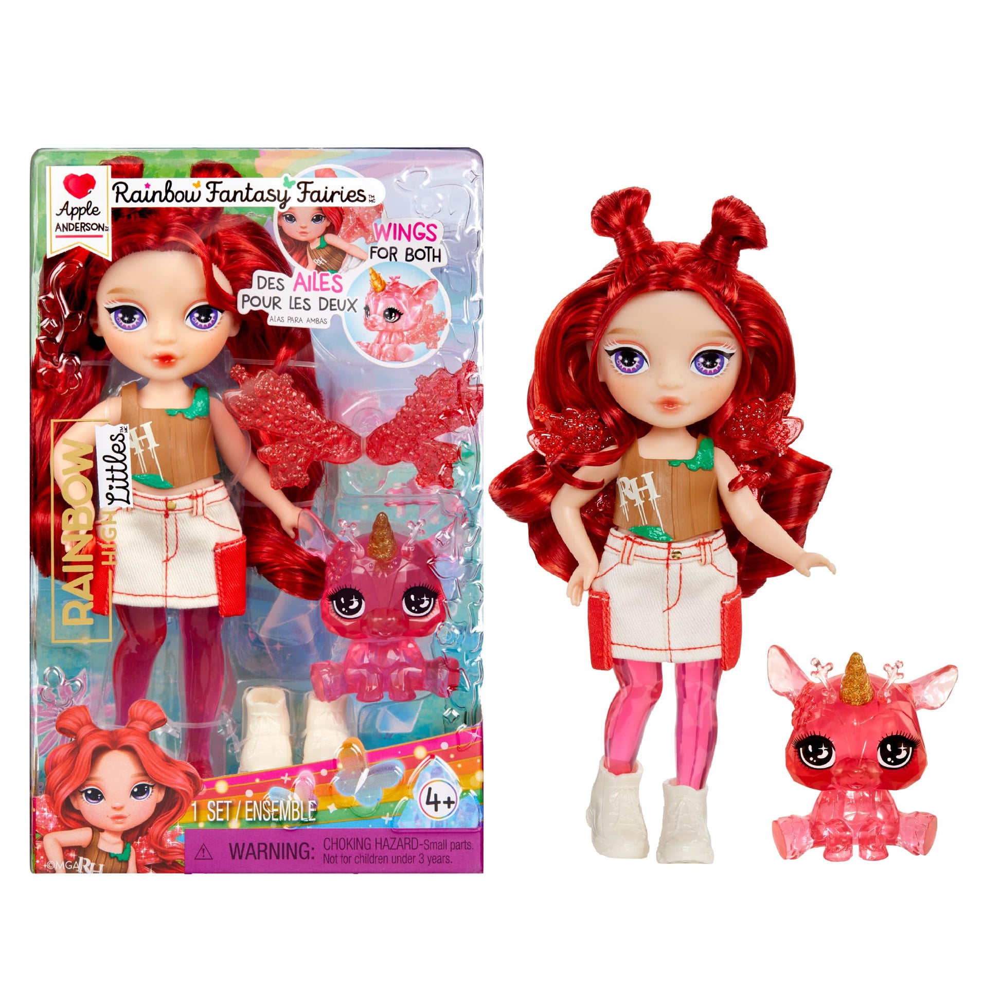 Rainbow High Littles Rainbow Fantasy Fairies + Pet - Apple, Red 5.5" Posable Small Doll & Fantasy Deer Pet with Interchangeable Fairy Wings, Kids Gift