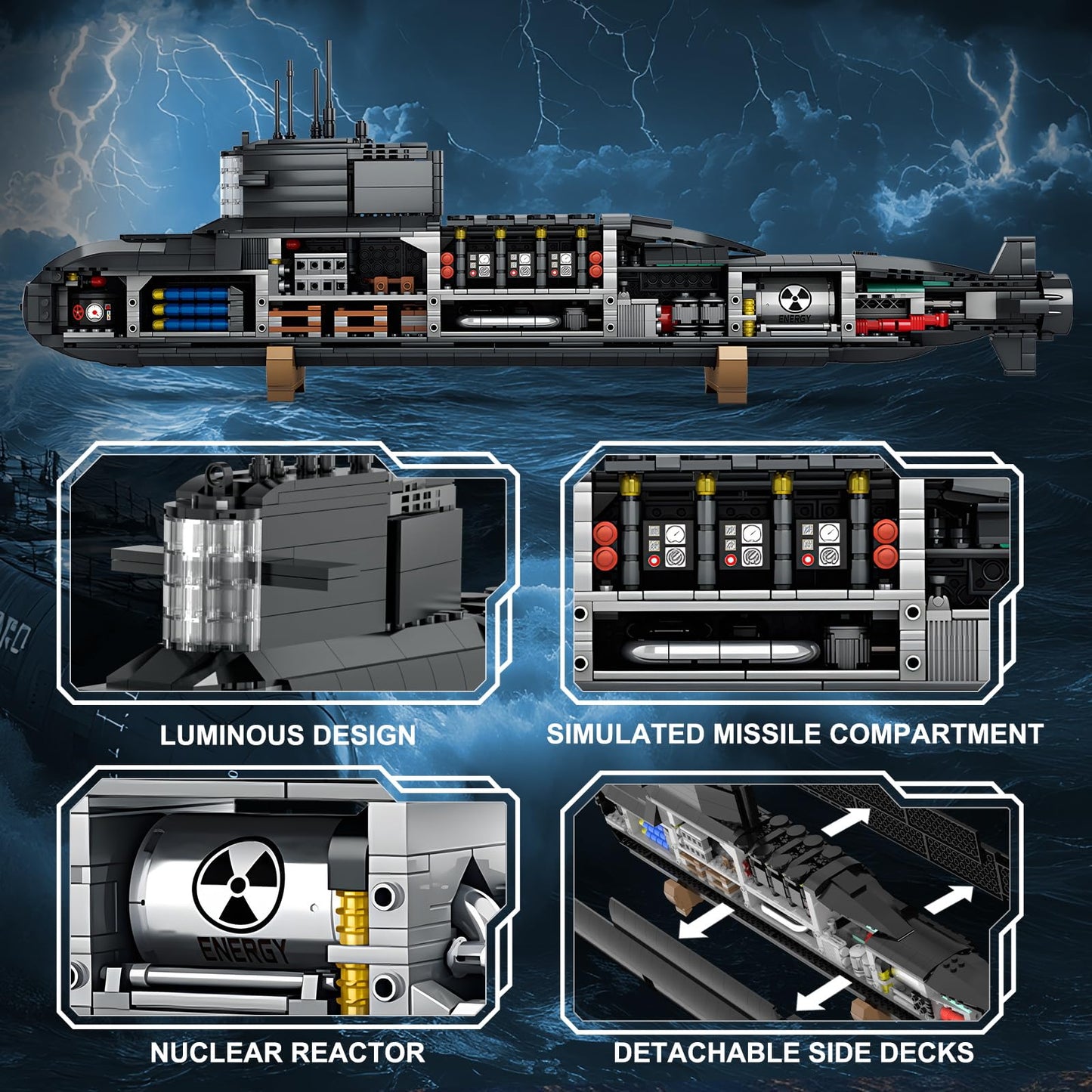 Strategic Nuclear Submarine Toy Building Blocks Set for Adult Kids, WW2 Historical Military Battleship Model Kit with Light, Home Office Decor