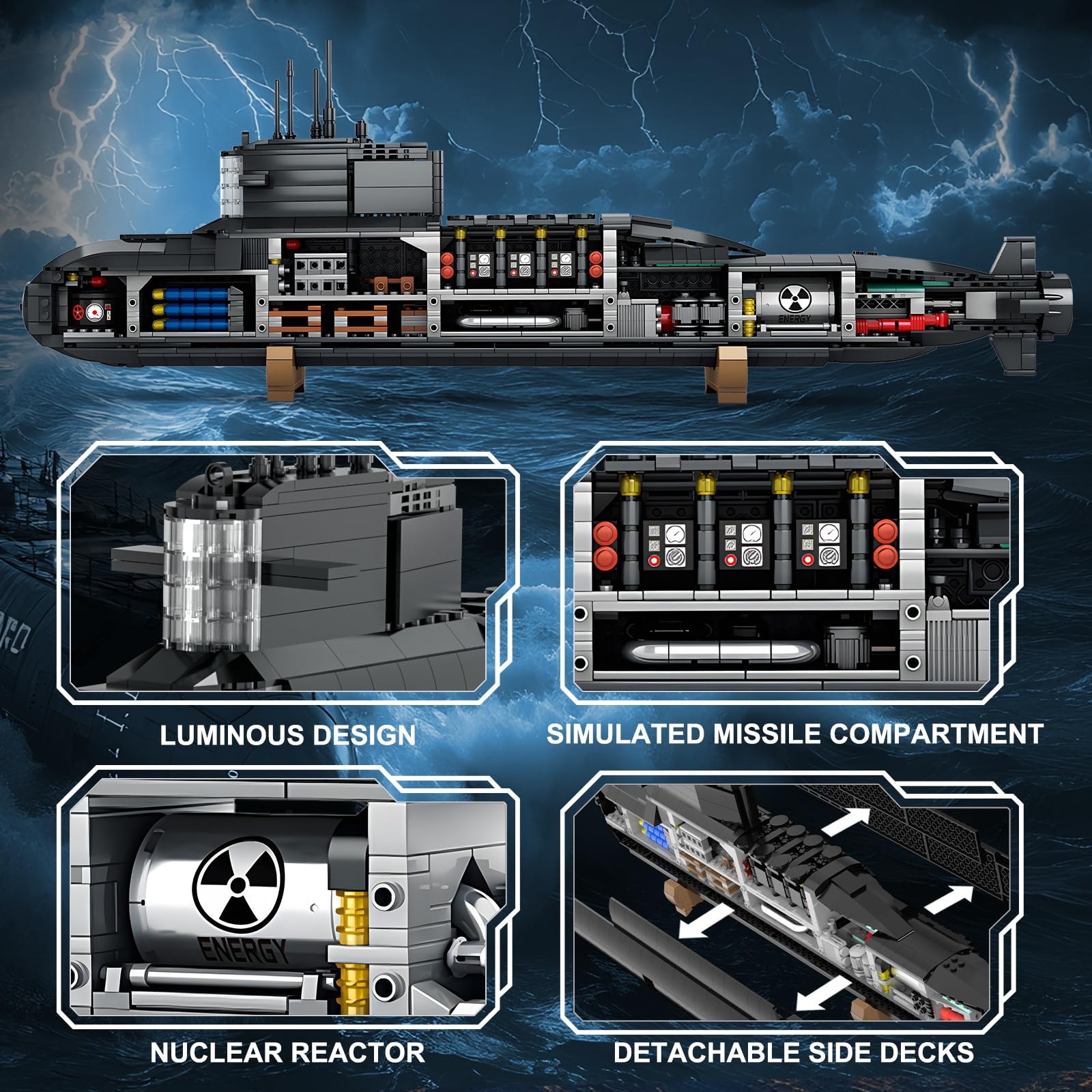 Strategic Nuclear Submarine Toy Building Blocks Set for Adult Kids, WW2 Historical Military Battleship Model Kit with Light, Home Office Decor