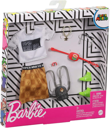 Barbie Storytelling Fashion Pack of Doll Clothes Inspired by Super Mario: Graphic Tee, Patterned Skirt & 6 Accessories Dolls, Gift for 3 to 8 Year