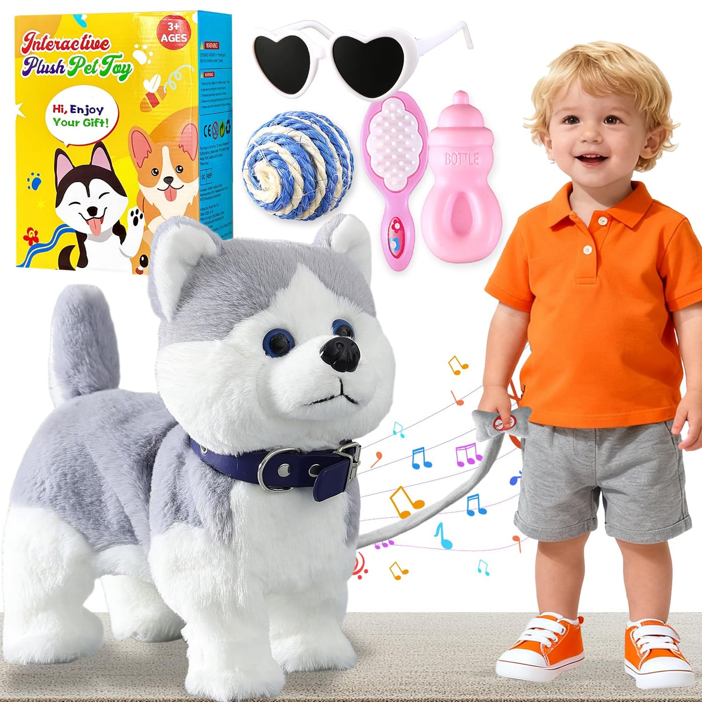 HCdoujoy Husky Walking Dog Barking Toy, Musical Singing Dancing Volume Control Interactive Puppy Walk Along with Leash, Wagging Tail Shaking Head
