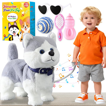 HCdoujoy Husky Walking Dog Barking Toy, Musical Singing Dancing Volume Control Interactive Puppy Walk Along with Leash, Wagging Tail Shaking Head