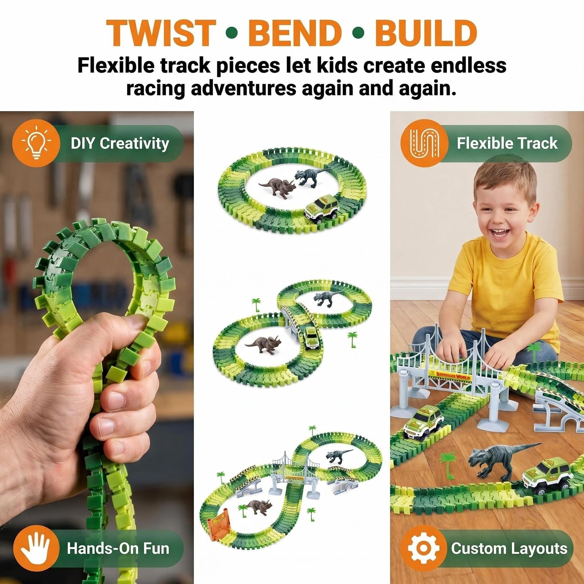 Dinosaur Race Track Toys for Boys 3-5, Flexible Bridge Car Track Set with 2 Toy Cars & Dinosaur Figures, Adventure Race Track Playset for Boys Age 4-7
