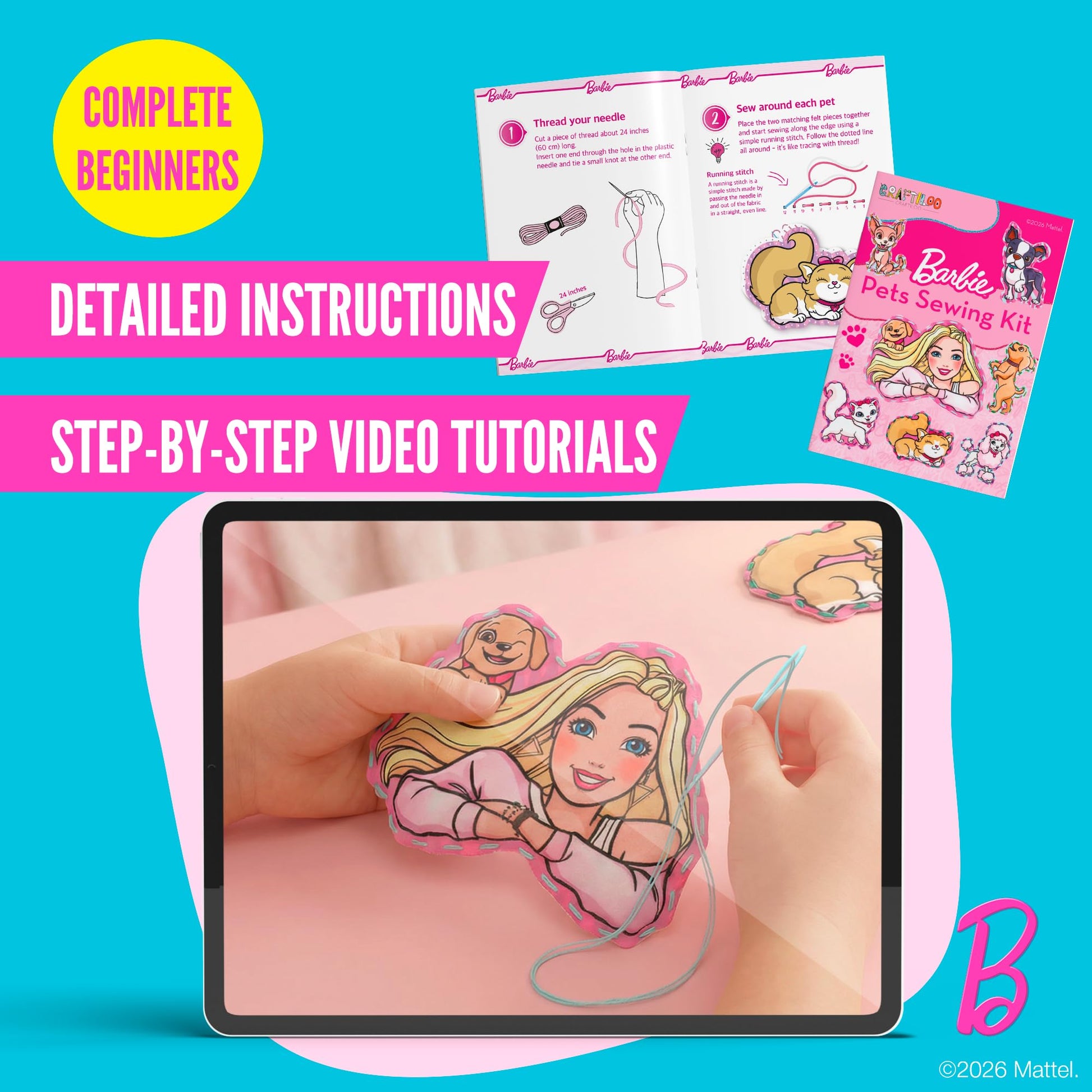 Barbie® Sewing Kit for Kids Ages 6-12 - Kids Sewing Kit | Sew Your Own Puppy & Kitten Felt Pet Stuffed Animal | Beginner Craft Gift for Girls