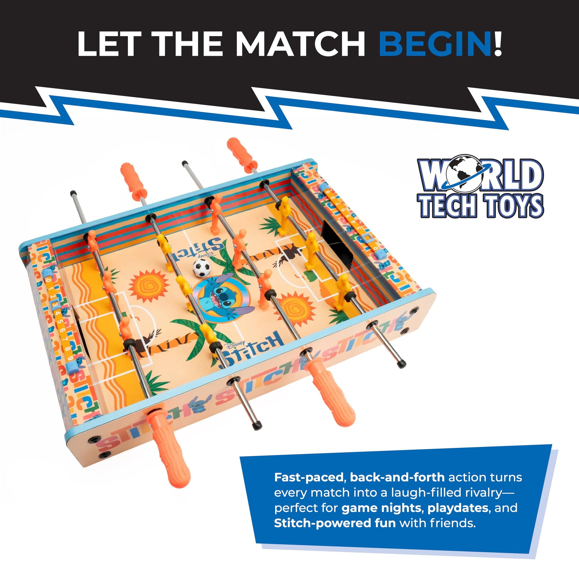 World Tech Toys Disney Stitch Foosball Table for Kids - Tabletop Soccer Game with Rod Handles, Ball & Players - Wooden Mini Game Table for Kids 4+
