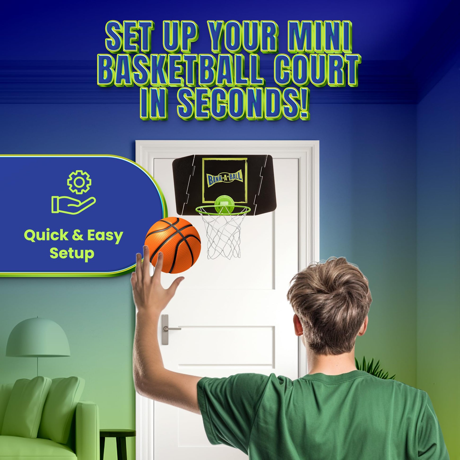 Bank-A-Ball Mini Basketball Hoop for Adults or Kids - Indoor Portable Adjustable Playing Set w/Ball - Over The Door Hoop with Adjustable Backboard