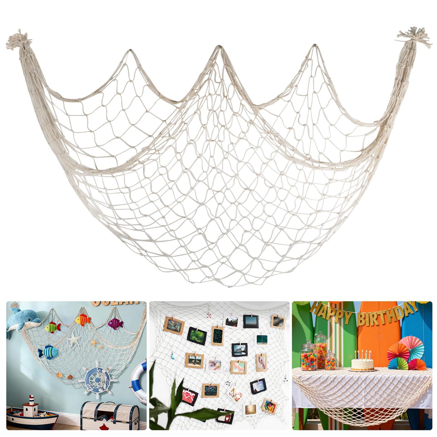 80x40 Inch Fishing Net Decor, 3mm Beige Natural Cotton Large Decorative Fish Netting Table Runner, Wall Ceiling Halloween Party Decorations for Pirate