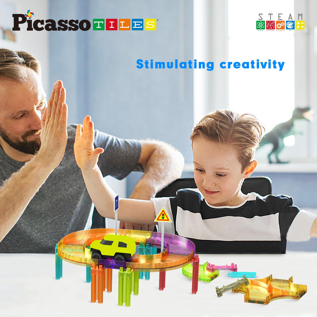 PicassoTiles Race Car Track Magnetic Tiles Travel Toy Sensory Magnet Tile Toys for Toddlers STEM Educational Learning Montessori Play Construction