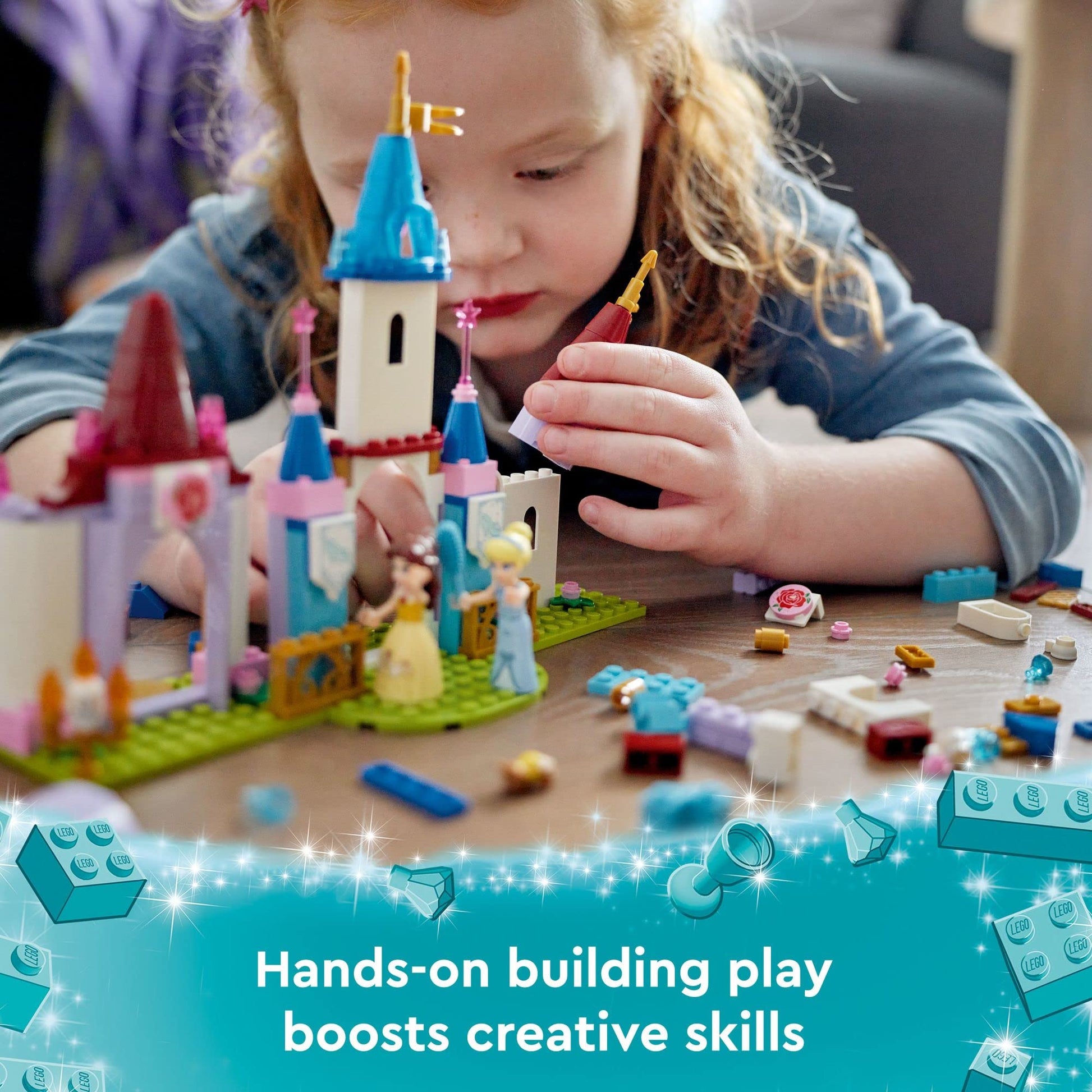 LEGO Disney Princess Creative Castles 43219, Castle Playset with Belle and Cinderella Mini-Dolls and Bricks Sorting Box, Travel Toys for Girls and