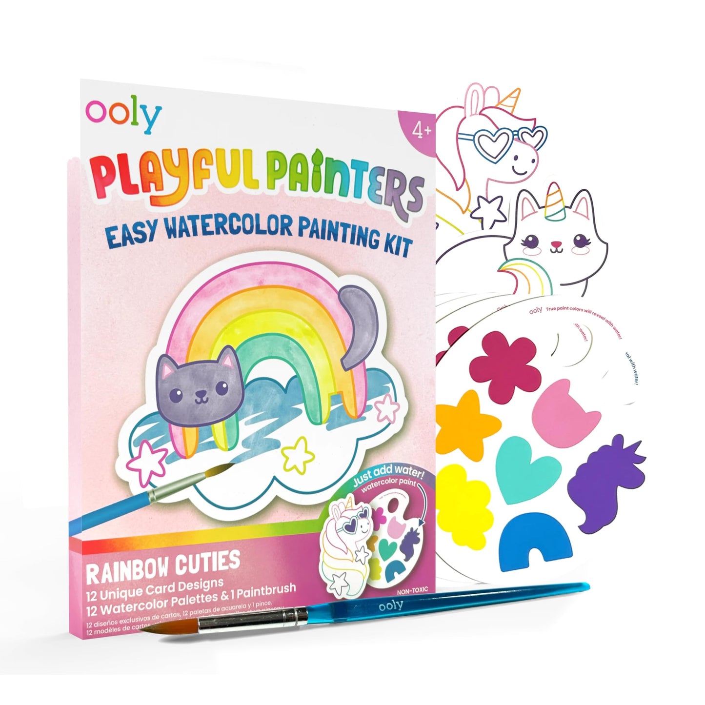 Ooly Playful Painters Easy Watercolor Painting Kit - Rainbow Cuties, Set of 25, 12 Unique Artworks with Guided Outlines, 12 Paint Colors, and Brush