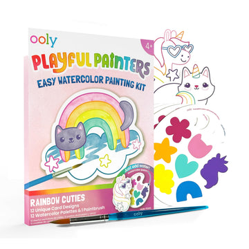 Ooly Playful Painters Easy Watercolor Painting Kit - Rainbow Cuties, Set of 25, 12 Unique Artworks with Guided Outlines, 12 Paint Colors, and Brush