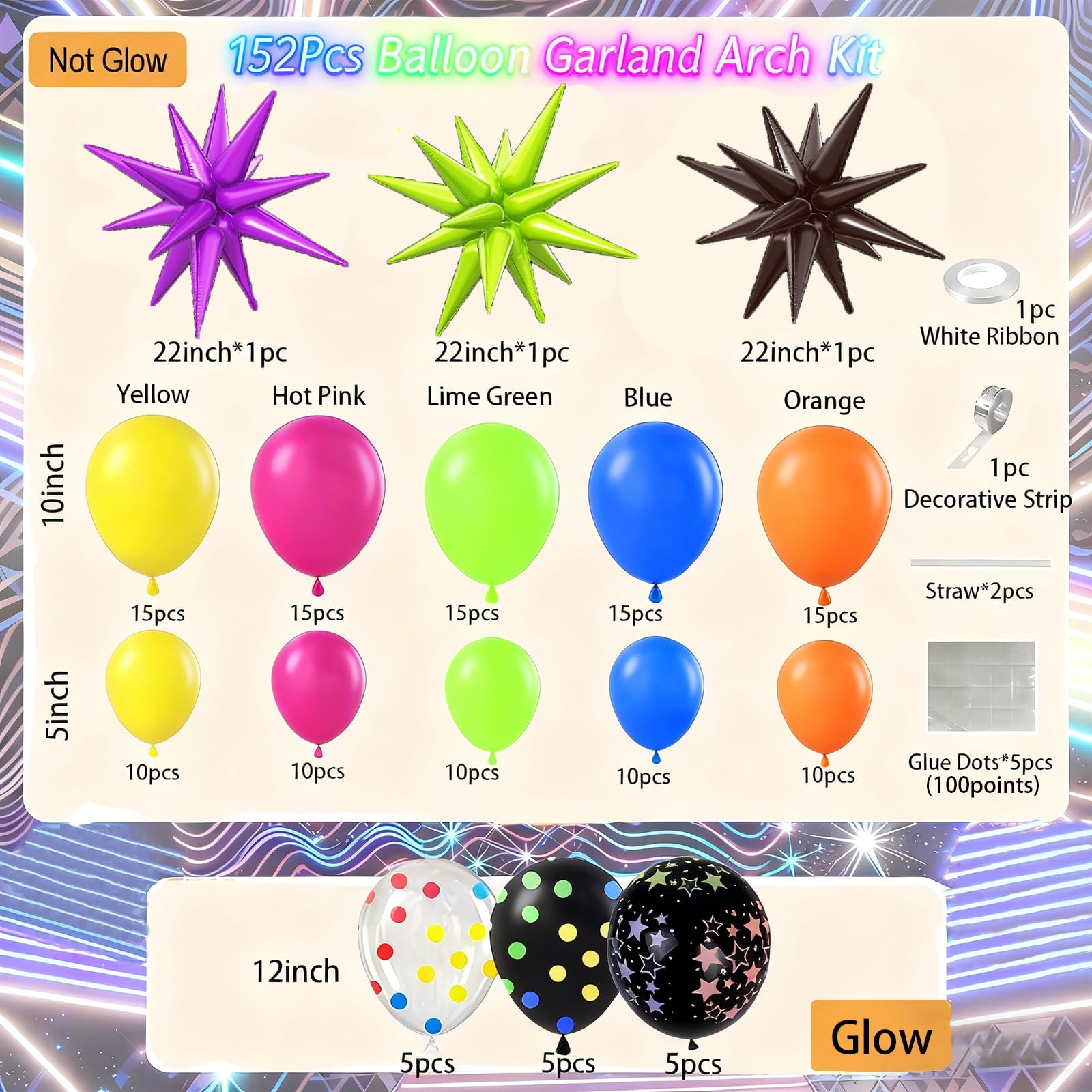 90s 80s Neon Balloon Arch Kit, 152pcs Disco Theme Party Decorations with Foil Star UV Neon Luminous Fluorescent Balloons for Back to 90s 80s Hip