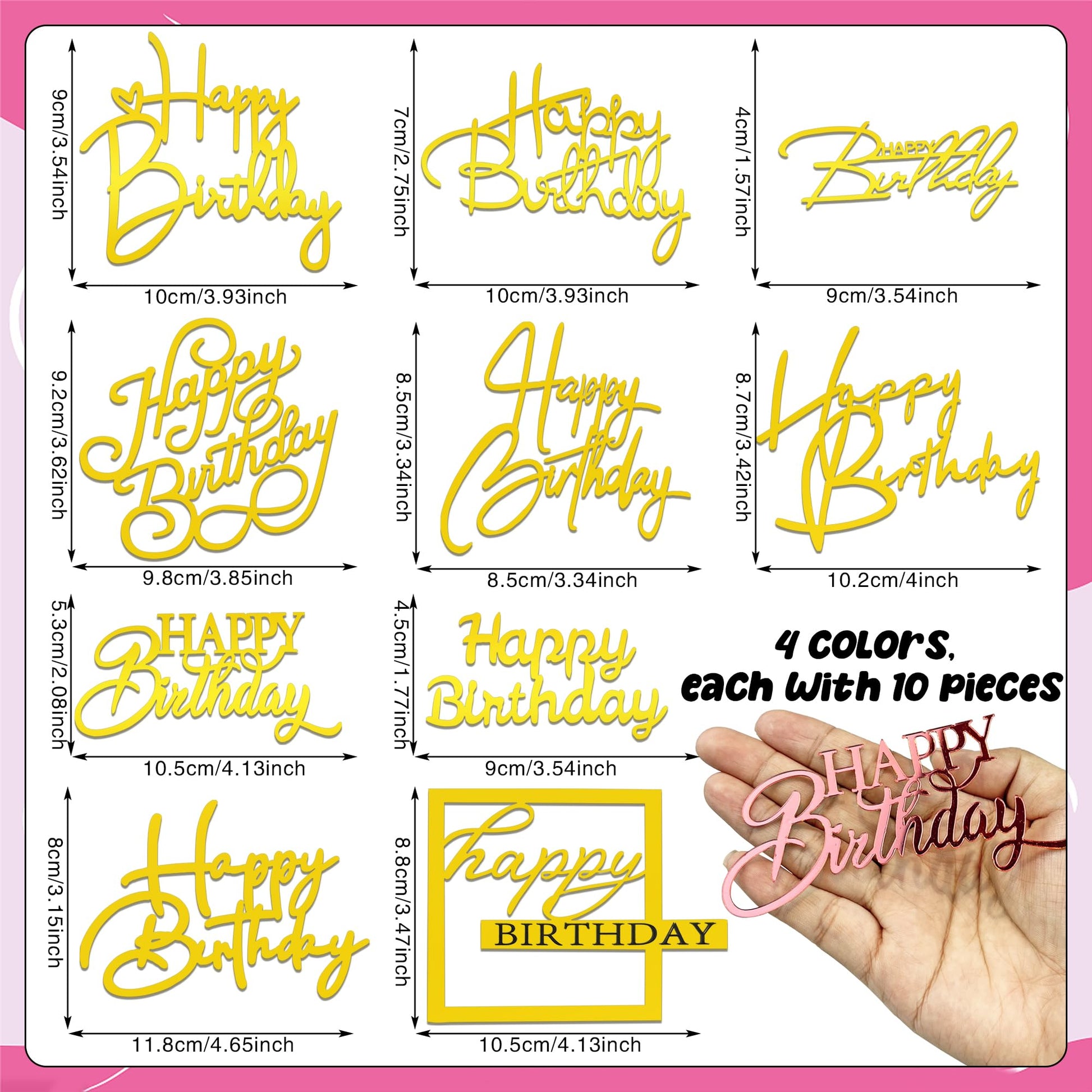 40 PCS Happy Birthday Cake Toppers Mirror Acrylic Toppers with 10 Styles 4 Colors for Birthday Party Cake Desserts Pastries