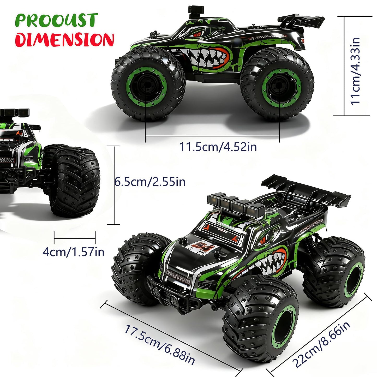 Ufilni Remote Control Monster Truck for Kids: Off-Road RC Car with Headlights & Body Lights, 1:18, 20 km/h, 2WD, 2.4 GHz, All-Terrain, Rechargeable