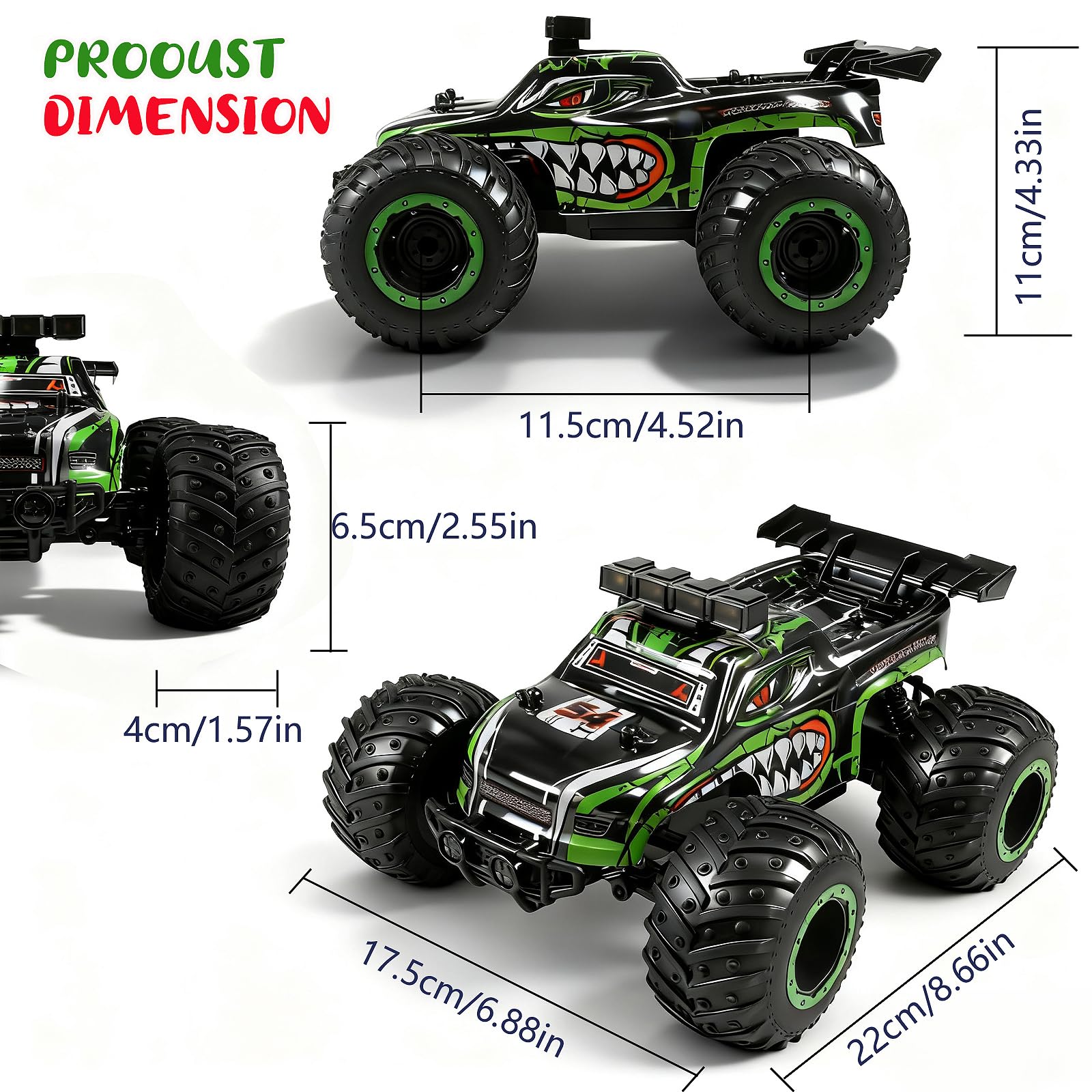 Ufilni Remote Control Monster Truck for Kids: Off-Road RC Car with Headlights & Body Lights, 1:18, 20 km/h, 2WD, 2.4 GHz, All-Terrain, Rechargeable