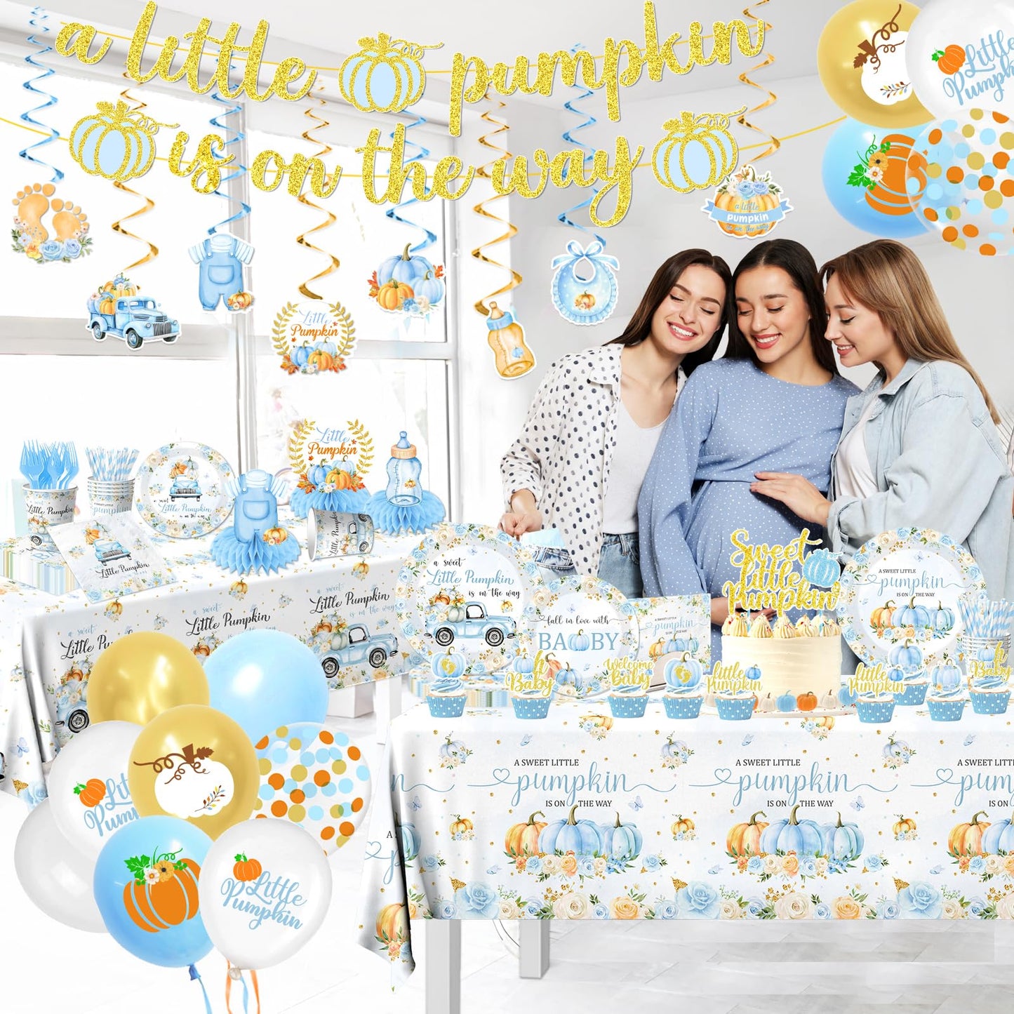 Little Pumpkin Baby Shower,198pcs A Little Pumpkin Is On The Way Baby Shower Boy Plates and Napkins Cups Tablecloth Cake Topper Honeycomb Balloon