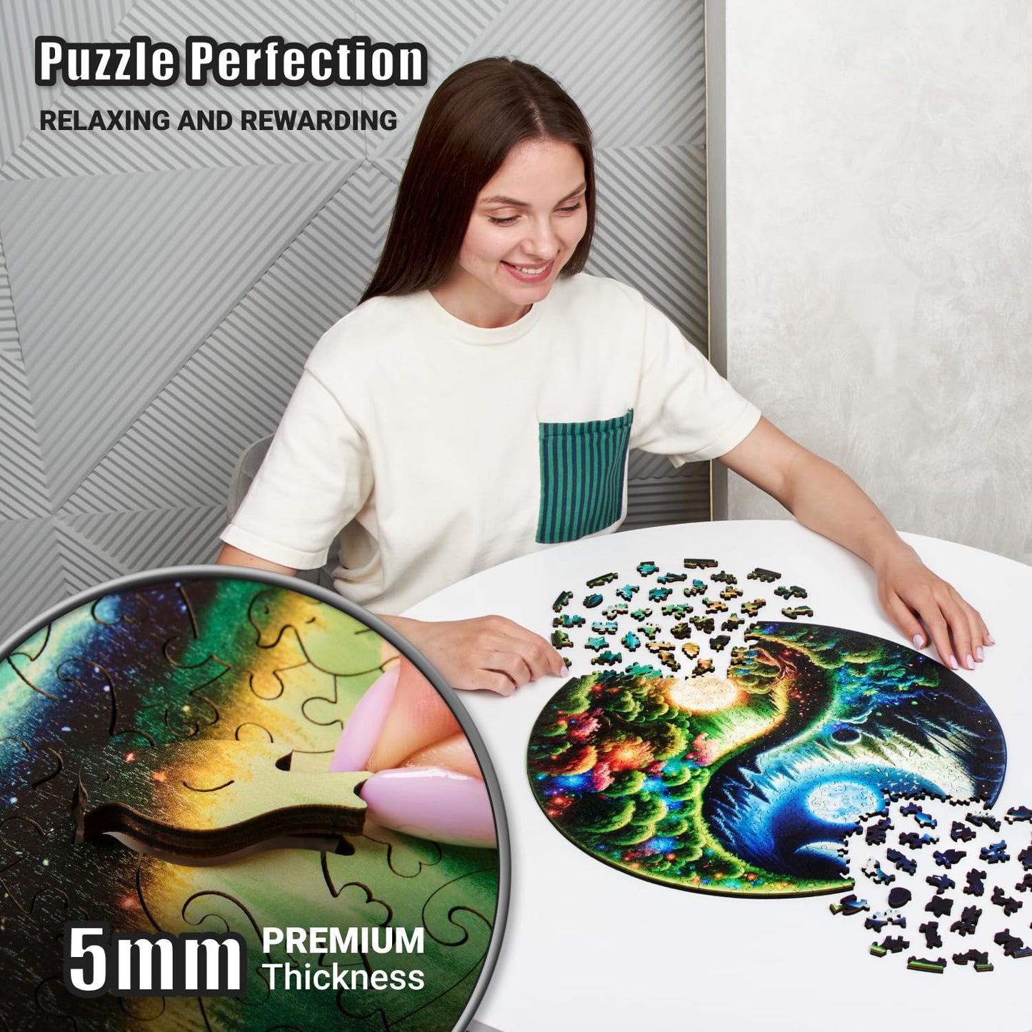 LEOGOR Wooden Puzzles for Adults 500 Pieces (18 x 17.8 in), Extra-Thick 5mm Round XL Wood Jigsaw, Yin Yang Puzzle, Unique Whimsical Pieces