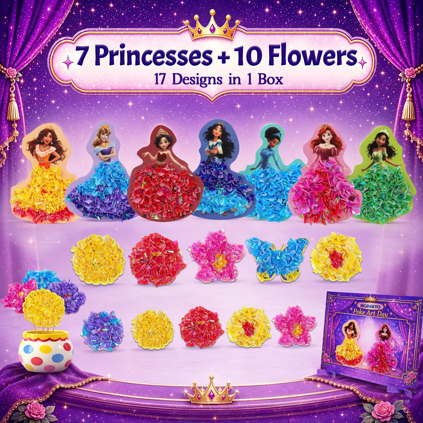 RGIMRTO Poke Art Craft Kit for Kids, 2-in-1 7 Princess +10 Flowers Craft Set with Display Board, Mess Free Craft Activity Birthday Gift for Girls Ages