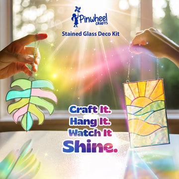 Pinwheel Crafts DIY Stained Glass Kit for Kids - Stain Glass Art Gift Set with 2 Decorative Frames, Hanging Chain, Ring and Colored Beads - Fun
