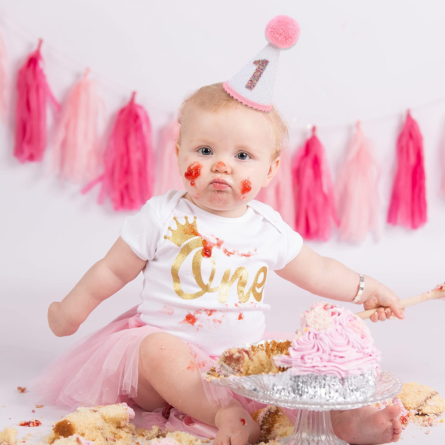 LINLULU First Birthday Hat with Pink Pom Topper - Glitter White Hat, 1st Birthday Cake Smash Photo Prop, Pink Girl Decoration