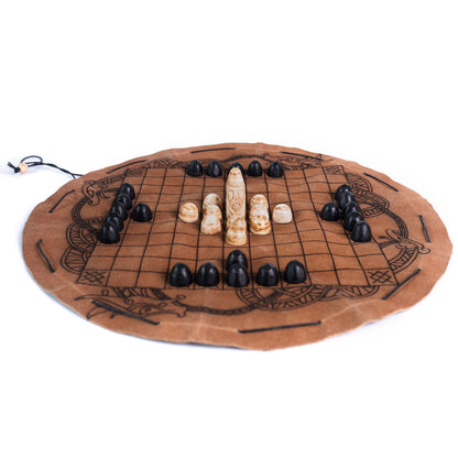 Handcrafted Viking Hnefatafl Set with 100% Genuine Ox-Bone Game Pieces and Premium Leather Game Mat - Leather Chord Tie System for Easy Store & Travel