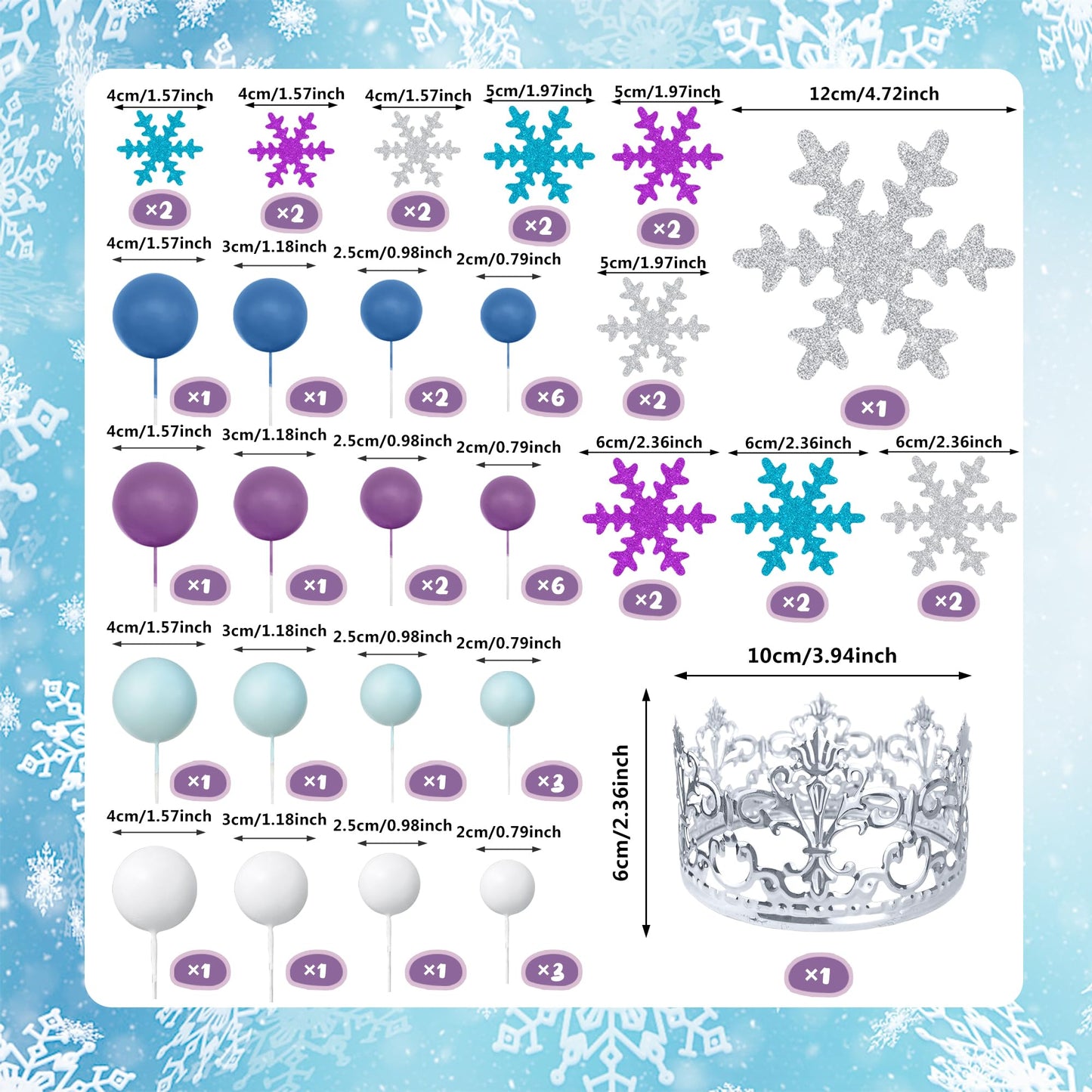 51 PCS Snowflake Cake Toppers 32 PCS Ball Cake Picks and 19 PCS Snowflake Cake Toppers for Winter Themed Wedding Christmas or Birthday Party