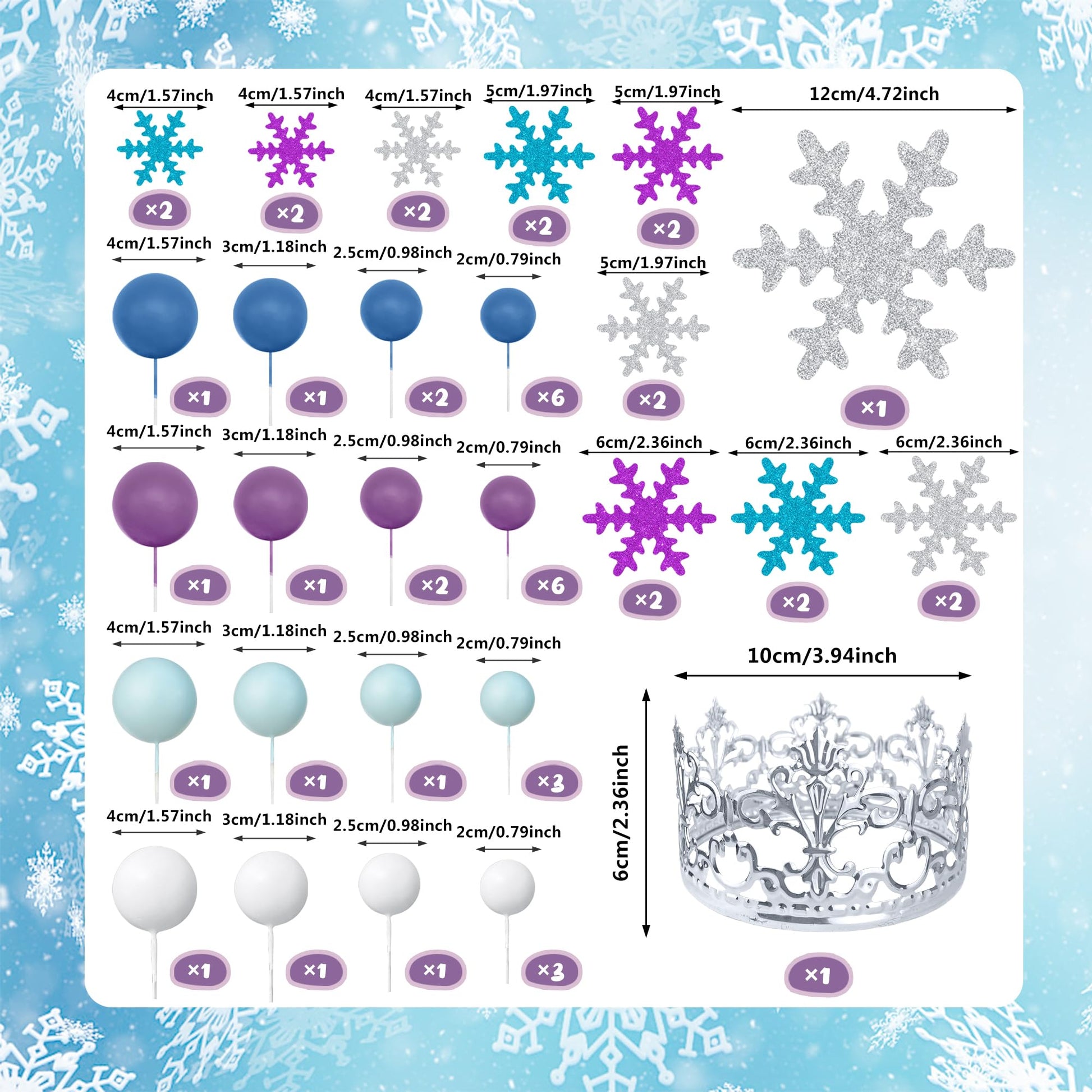 51 PCS Snowflake Cake Toppers 32 PCS Ball Cake Picks and 19 PCS Snowflake Cake Toppers for Winter Themed Wedding Christmas or Birthday Party