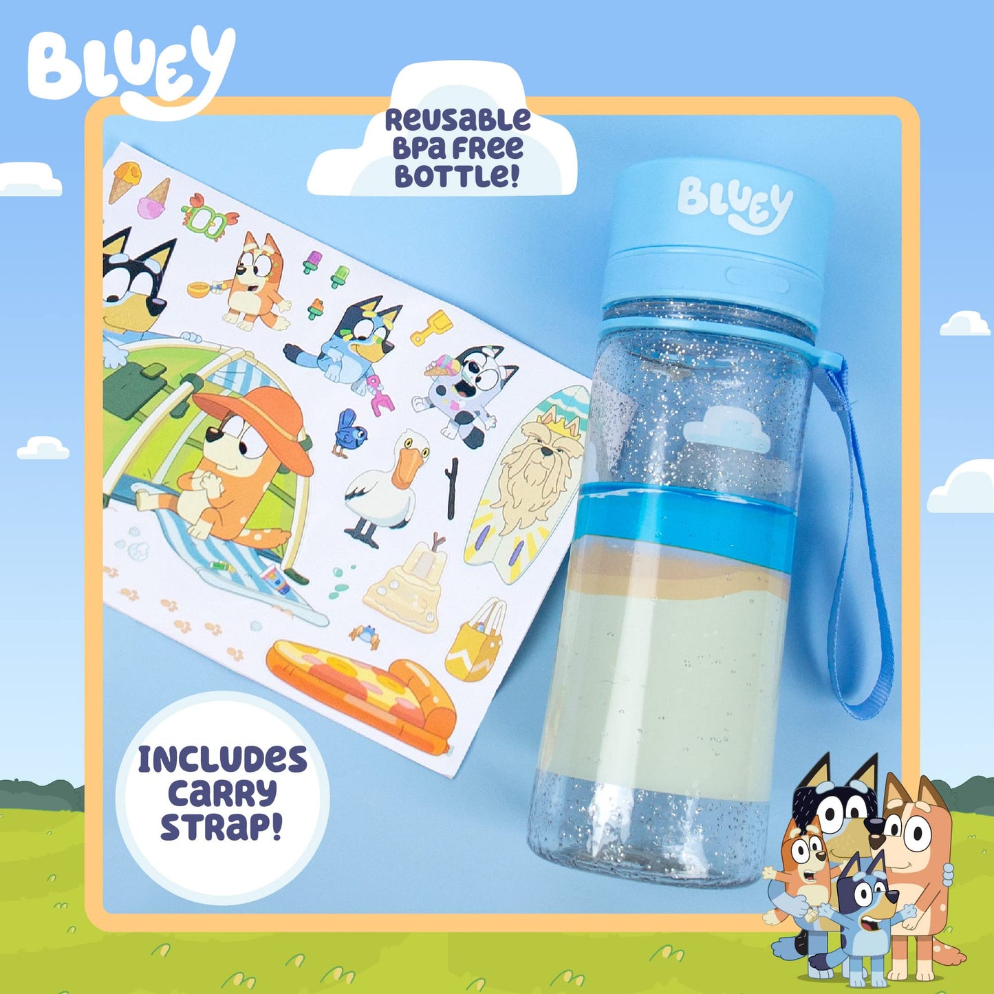 Bluey Decorate Your Own Water Bottle, Repositionable Stickers, Great For Bluey Birthday Parties, Summer Sports, and More, Reusable BPA-Free Water